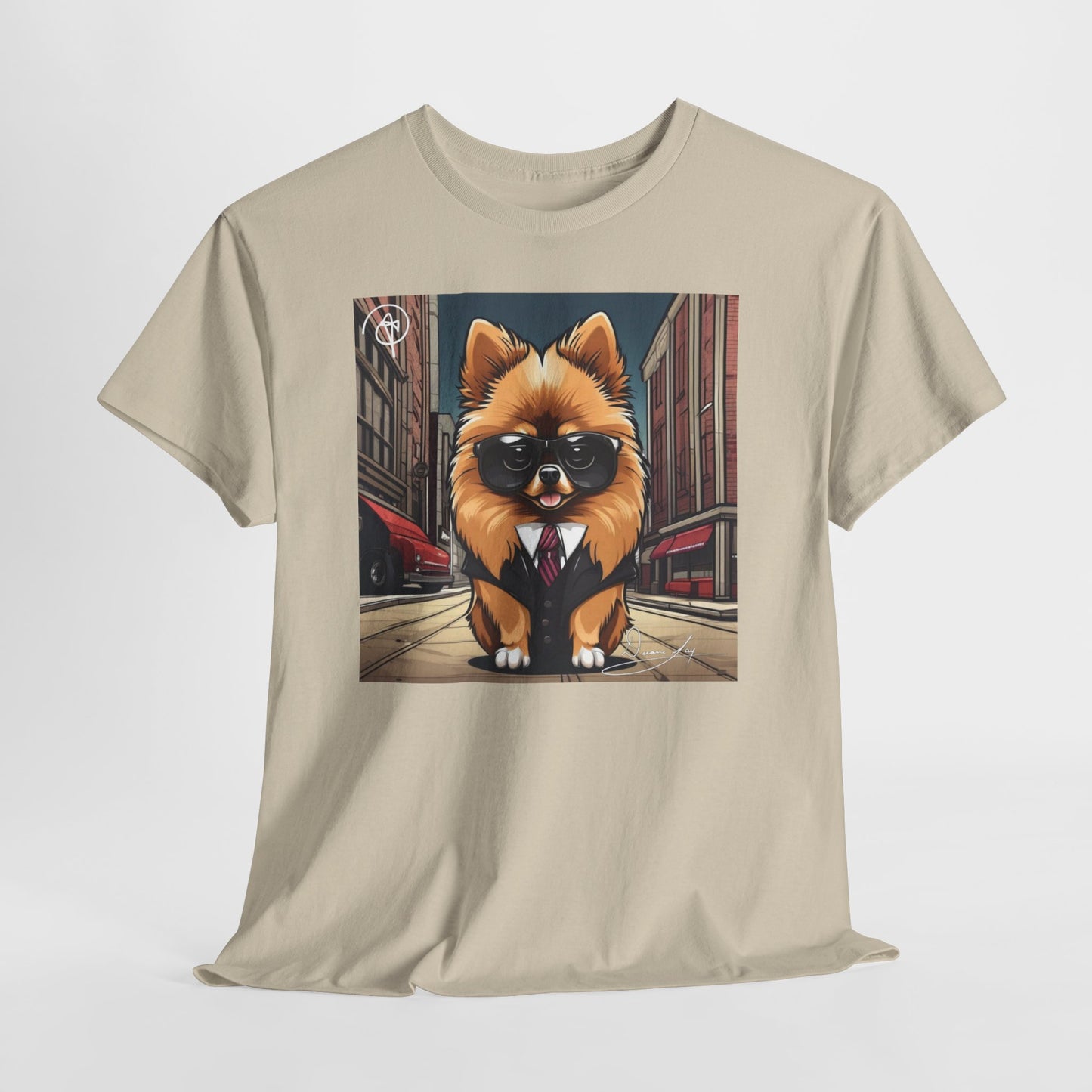 DuaneJay Pomeranian Business Dog T-Shirt — cute Pomeranian in suit graphic tee streetwear