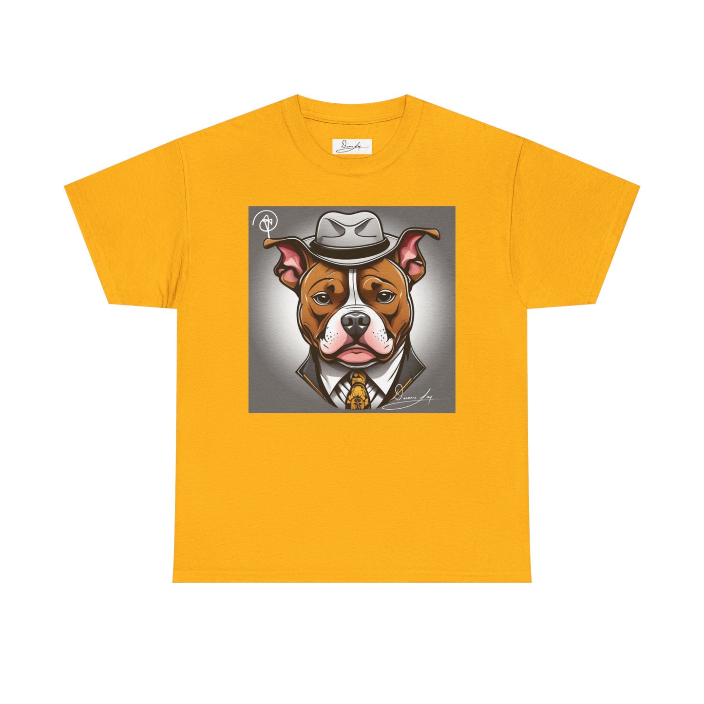 DuaneJay Gentleman Pitbull Tee — distinguished graphic tee featuring a dapper pitbull portrait blending elegance with bold streetwear energy for dog lovers with class and confidence
