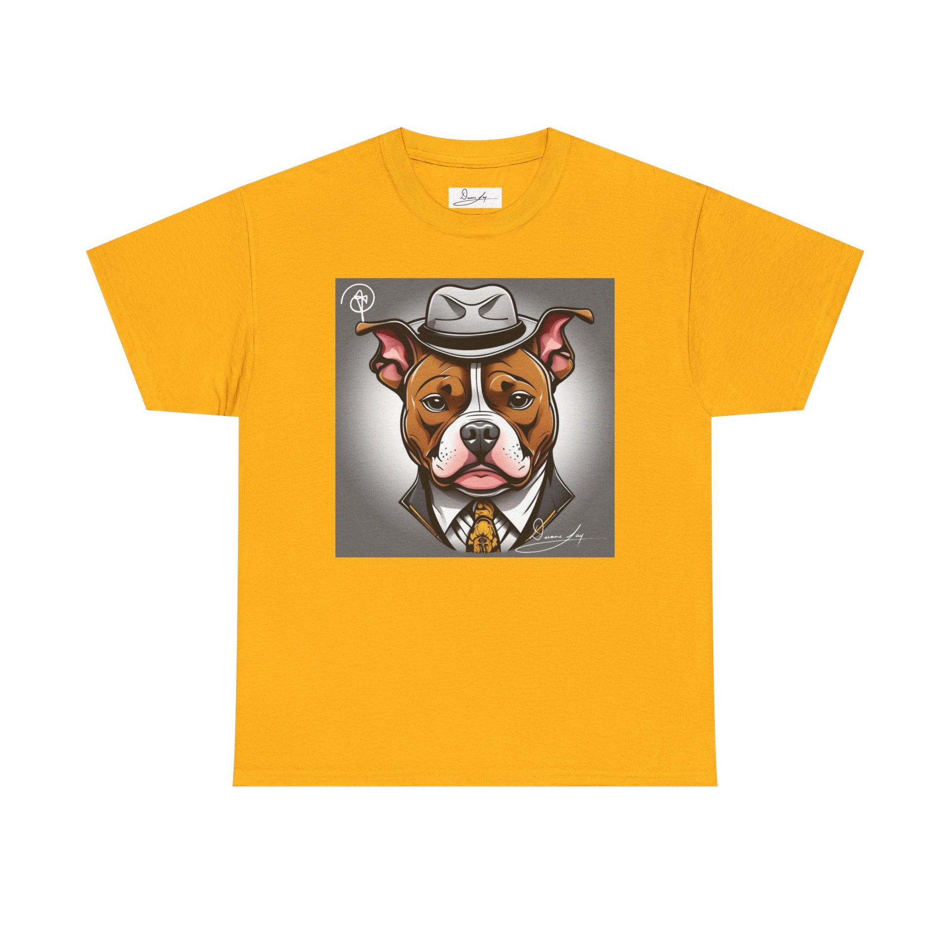 DuaneJay Gentleman Pitbull Tee — distinguished graphic tee featuring a dapper pitbull portrait blending elegance with bold streetwear energy for dog lovers with class and confidence