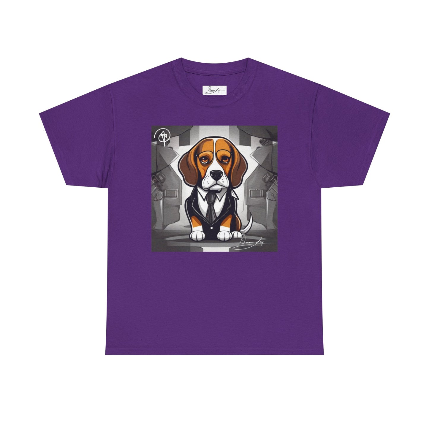 DuaneJay Beagle in a Suit T-Shirt — funny formal dog graphic tee featuring an adorable beagle dressed in a dapper suit, perfect for dog lovers who love bold streetwear style