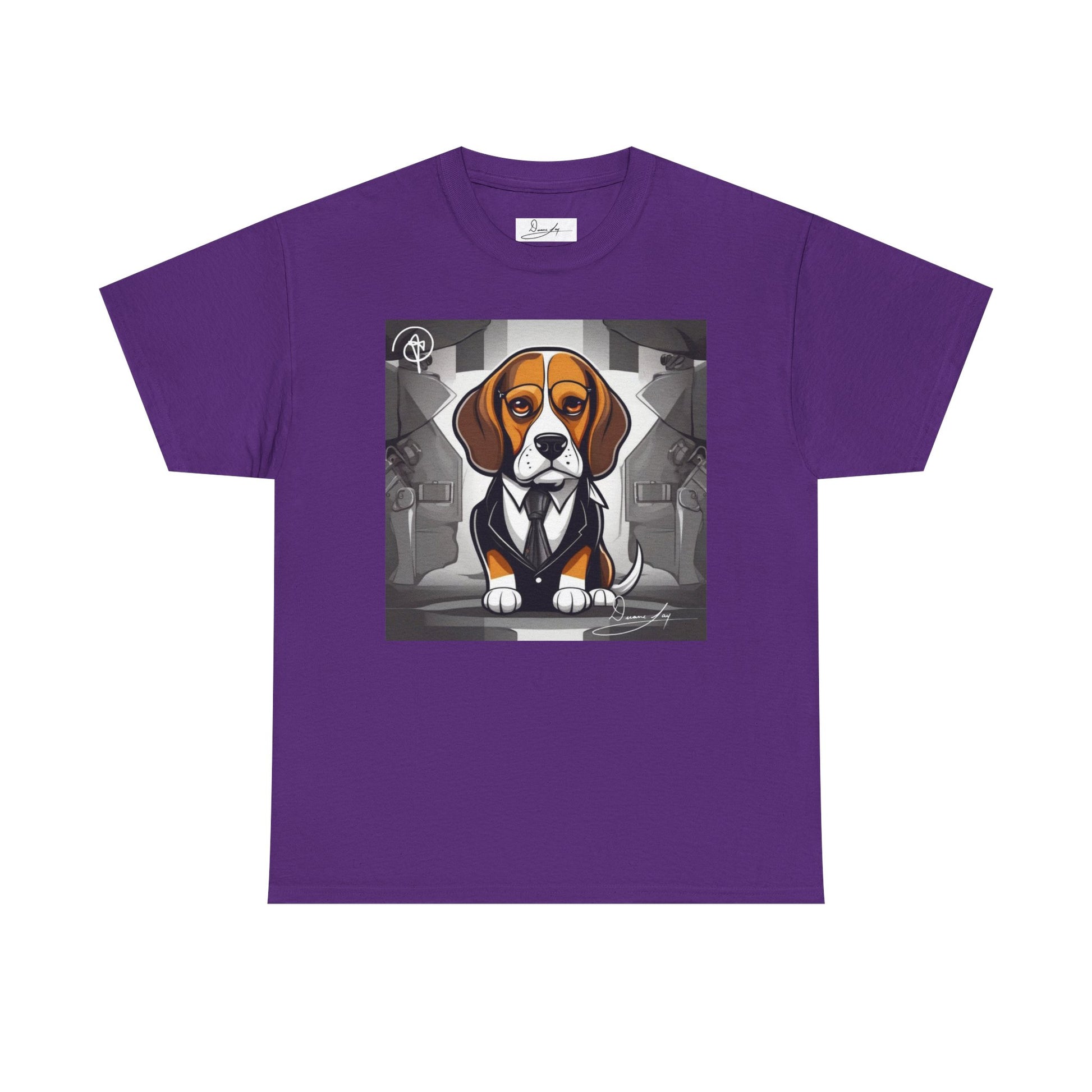DuaneJay Beagle in a Suit T-Shirt — funny formal dog graphic tee featuring an adorable beagle dressed in a dapper suit, perfect for dog lovers who love bold streetwear style