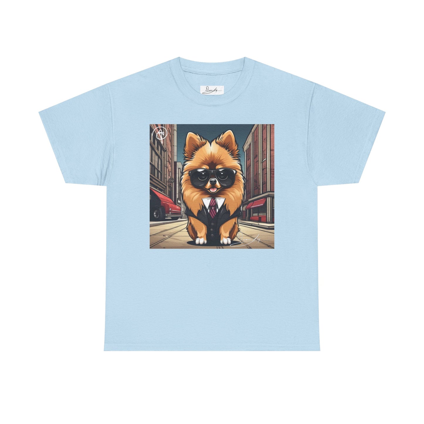 DuaneJay Pomeranian Business Dog T-Shirt — cute Pomeranian in suit graphic tee streetwear