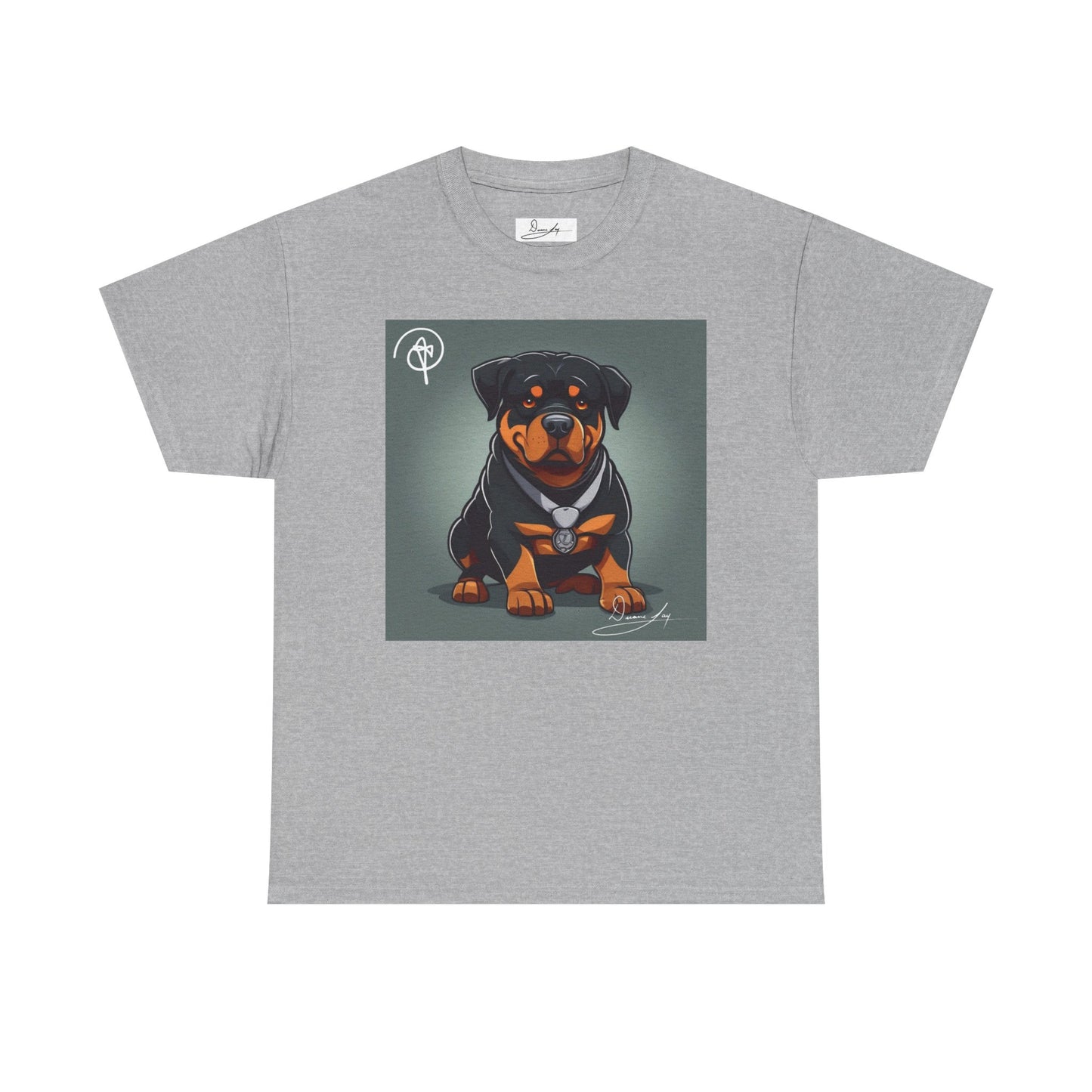 DuaneJay Rottweiler Puppy Portrait T-Shirt — charming graphic tee featuring an adorable Rottweiler puppy rendered in stunning artistic detail, a perfect blend of cuteness and signature streetwear style for devoted dog lovers