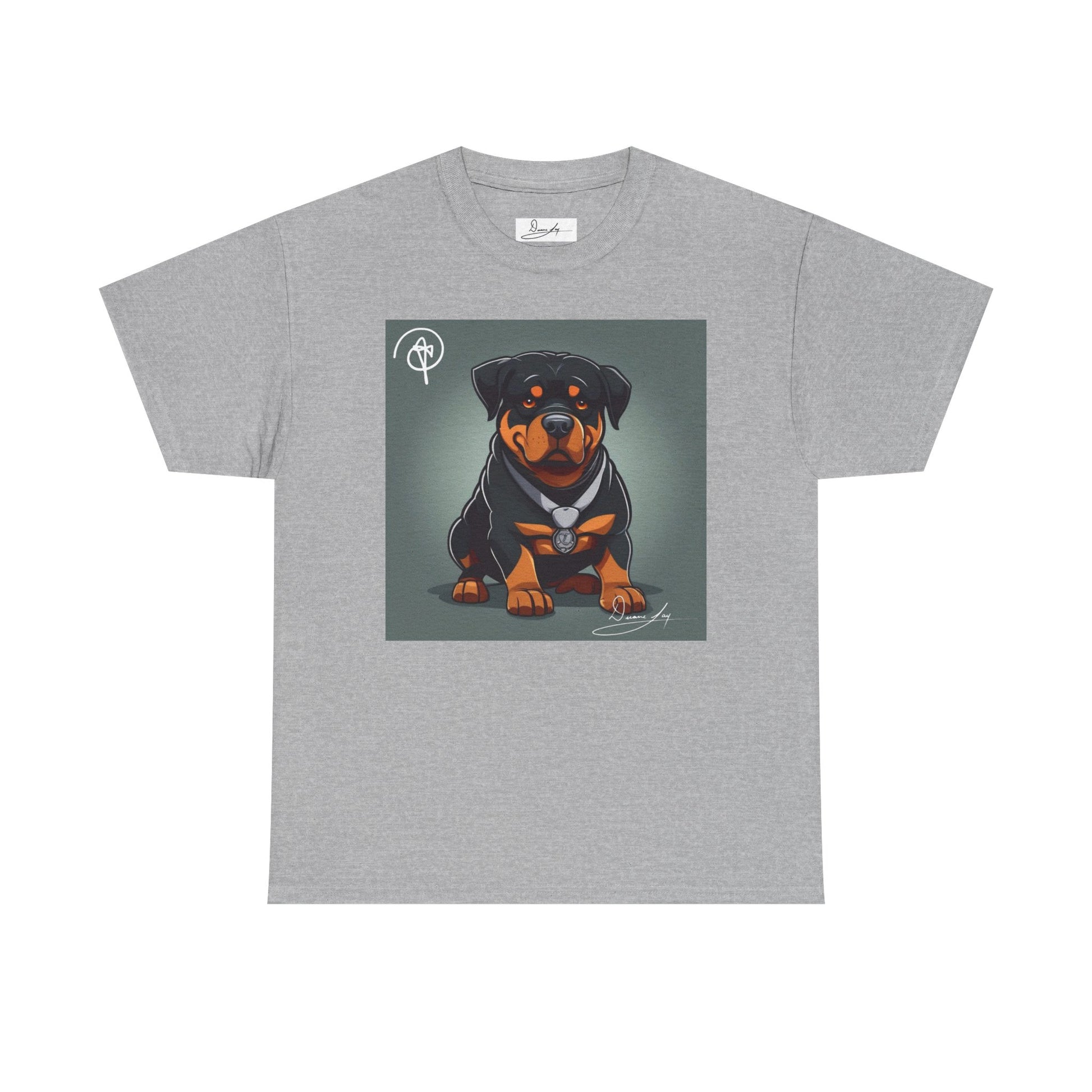 DuaneJay Rottweiler Puppy Portrait T-Shirt — charming graphic tee featuring an adorable Rottweiler puppy rendered in stunning artistic detail, a perfect blend of cuteness and signature streetwear style for devoted dog lovers