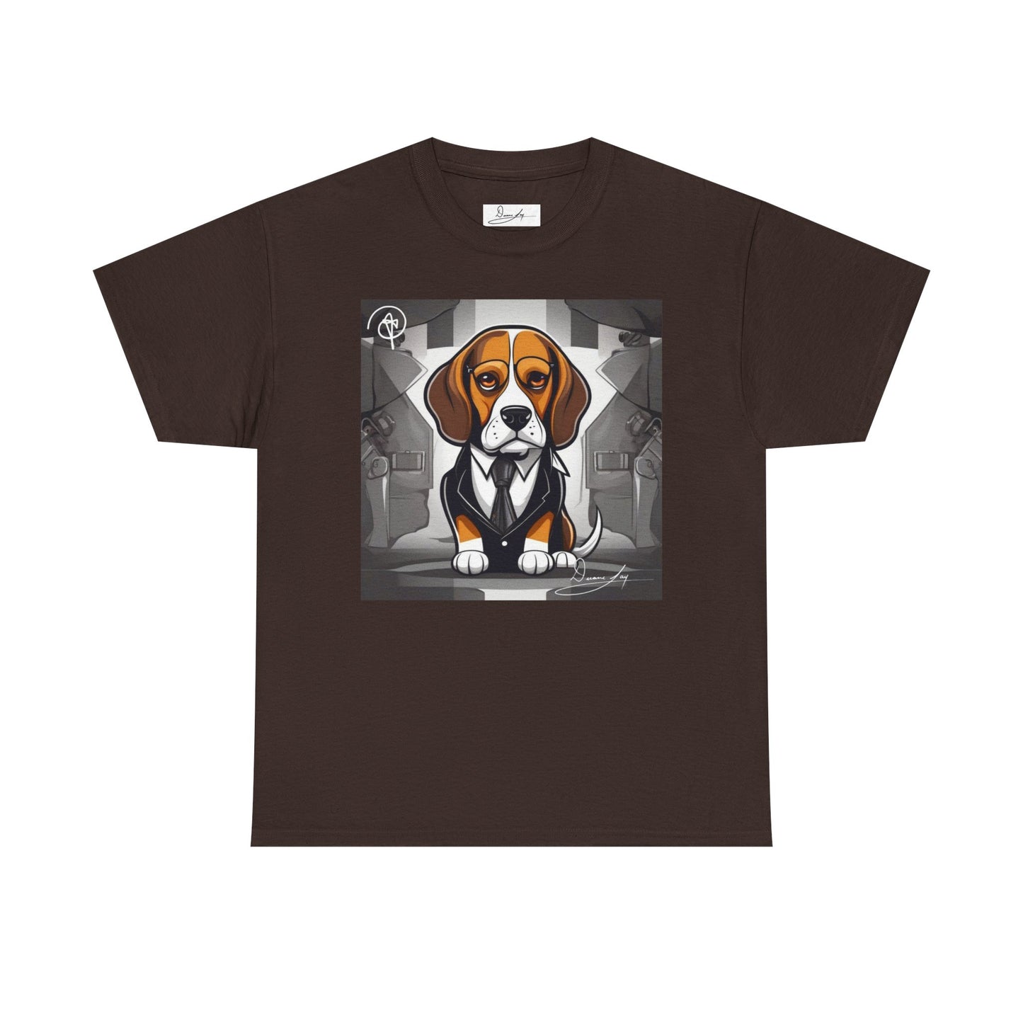 DuaneJay Beagle in a Suit T-Shirt — funny formal dog graphic tee featuring an adorable beagle dressed in a dapper suit, perfect for dog lovers who love bold streetwear style
