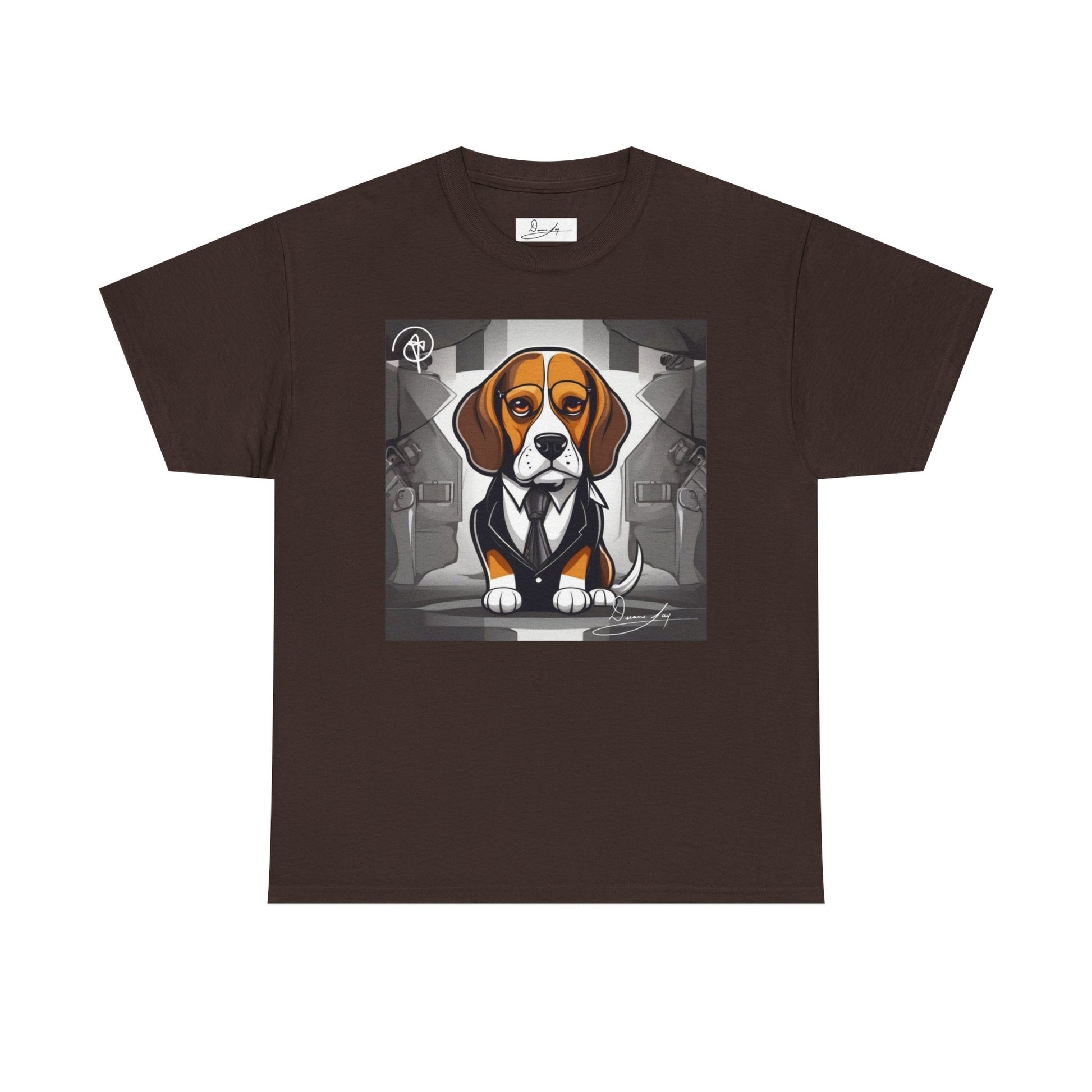 DuaneJay Beagle in a Suit T-Shirt — funny formal dog graphic tee featuring an adorable beagle dressed in a dapper suit, perfect for dog lovers who love bold streetwear style