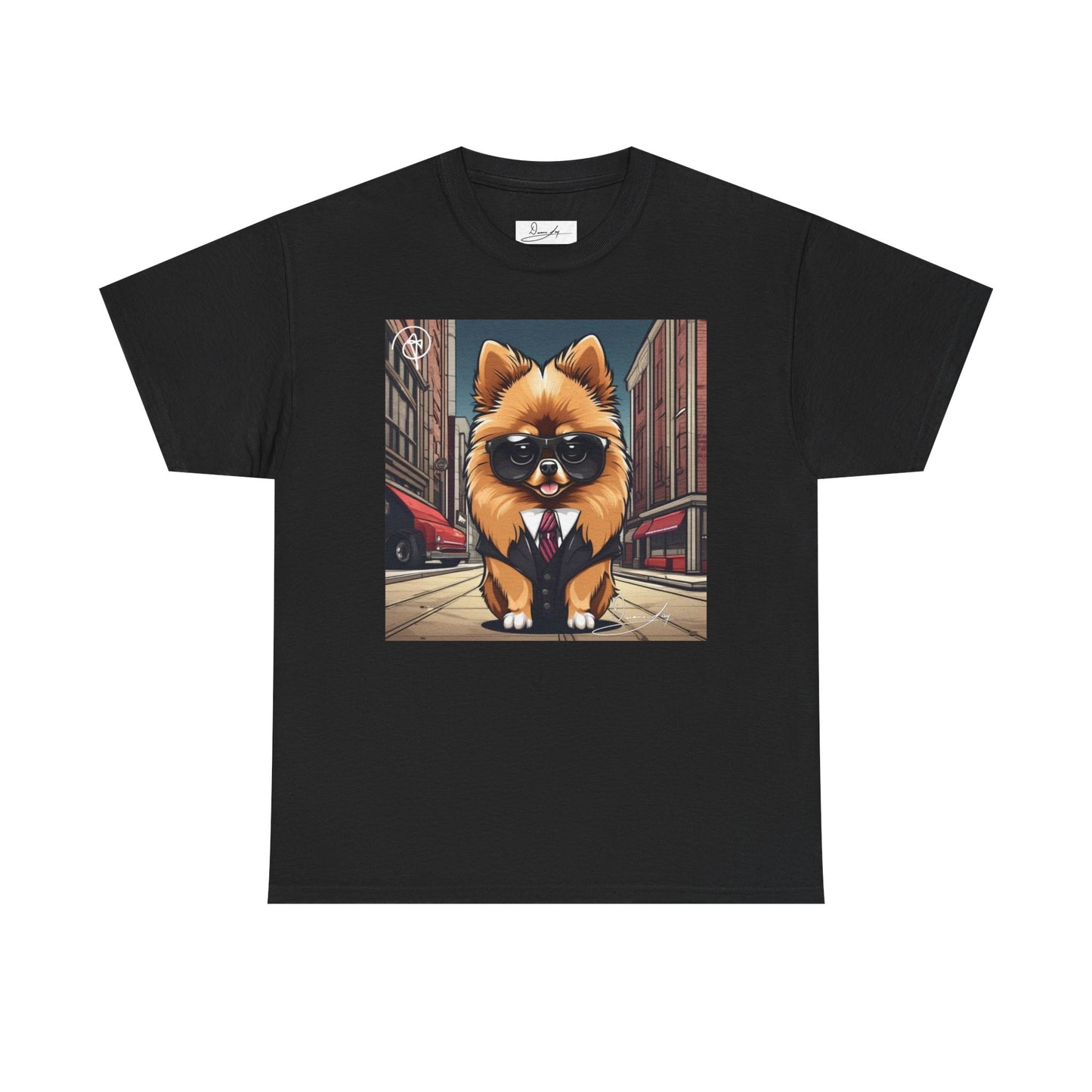 DuaneJay Pomeranian Business Dog T-Shirt — cute Pomeranian in suit graphic tee streetwear