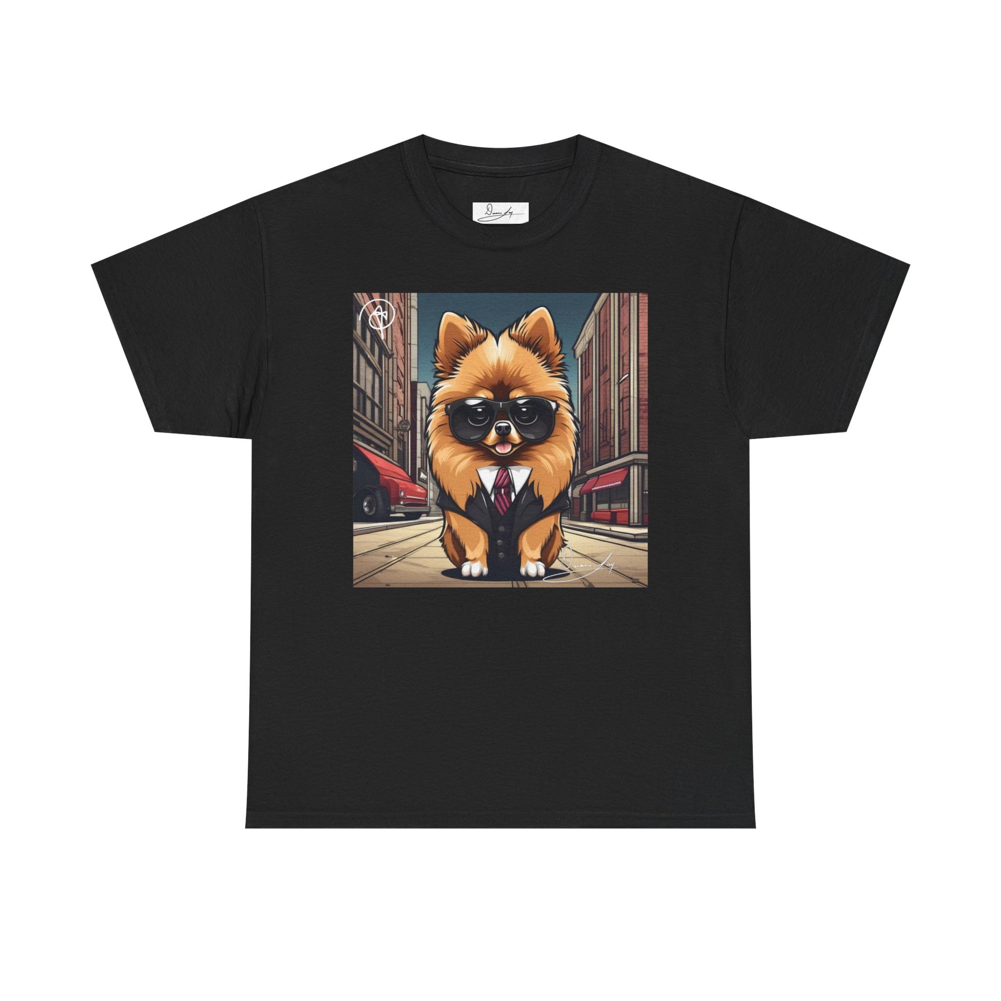 DuaneJay Pomeranian Business Dog T-Shirt — cute Pomeranian in suit graphic tee streetwear