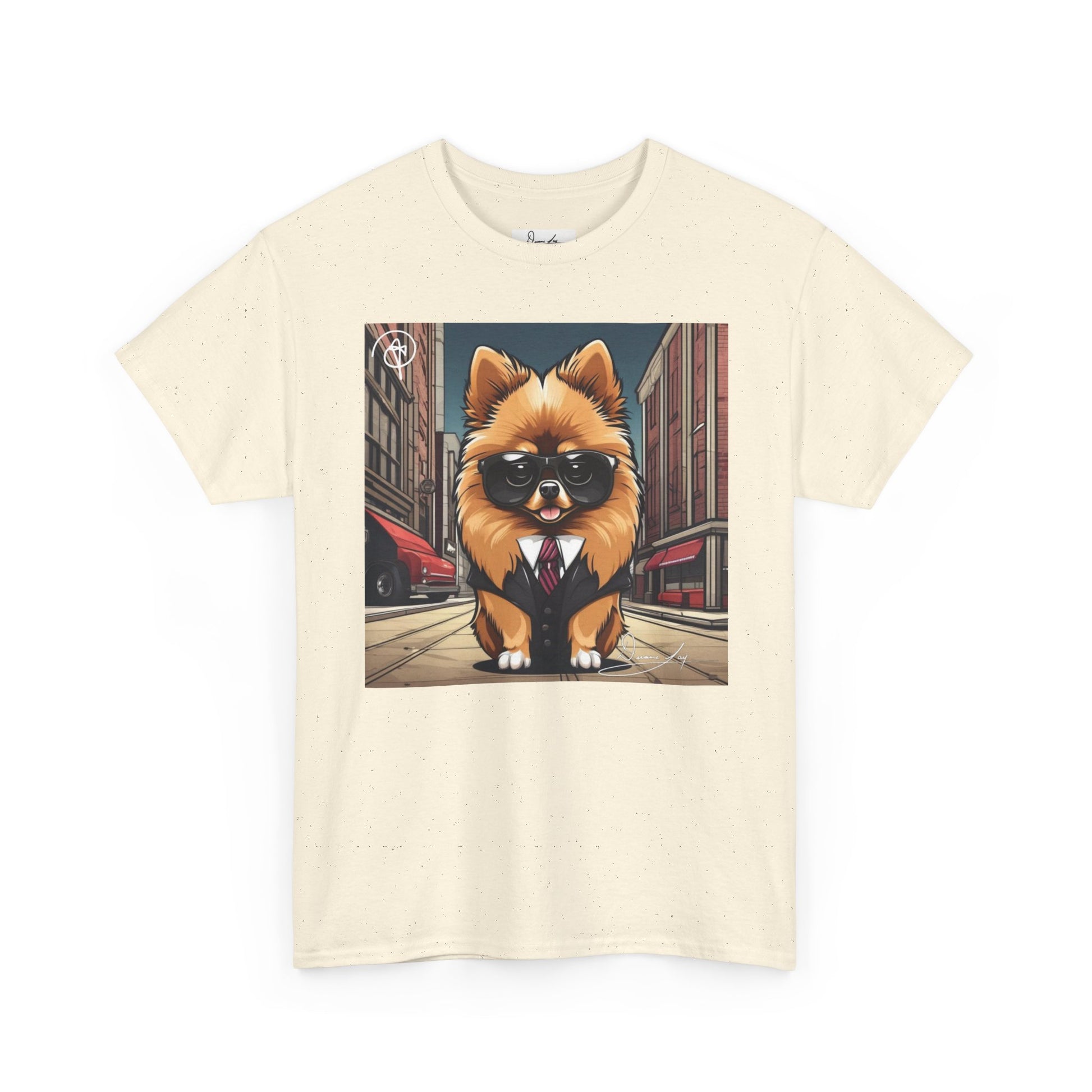 DuaneJay Pomeranian Business Dog T-Shirt — cute Pomeranian in suit graphic tee streetwear