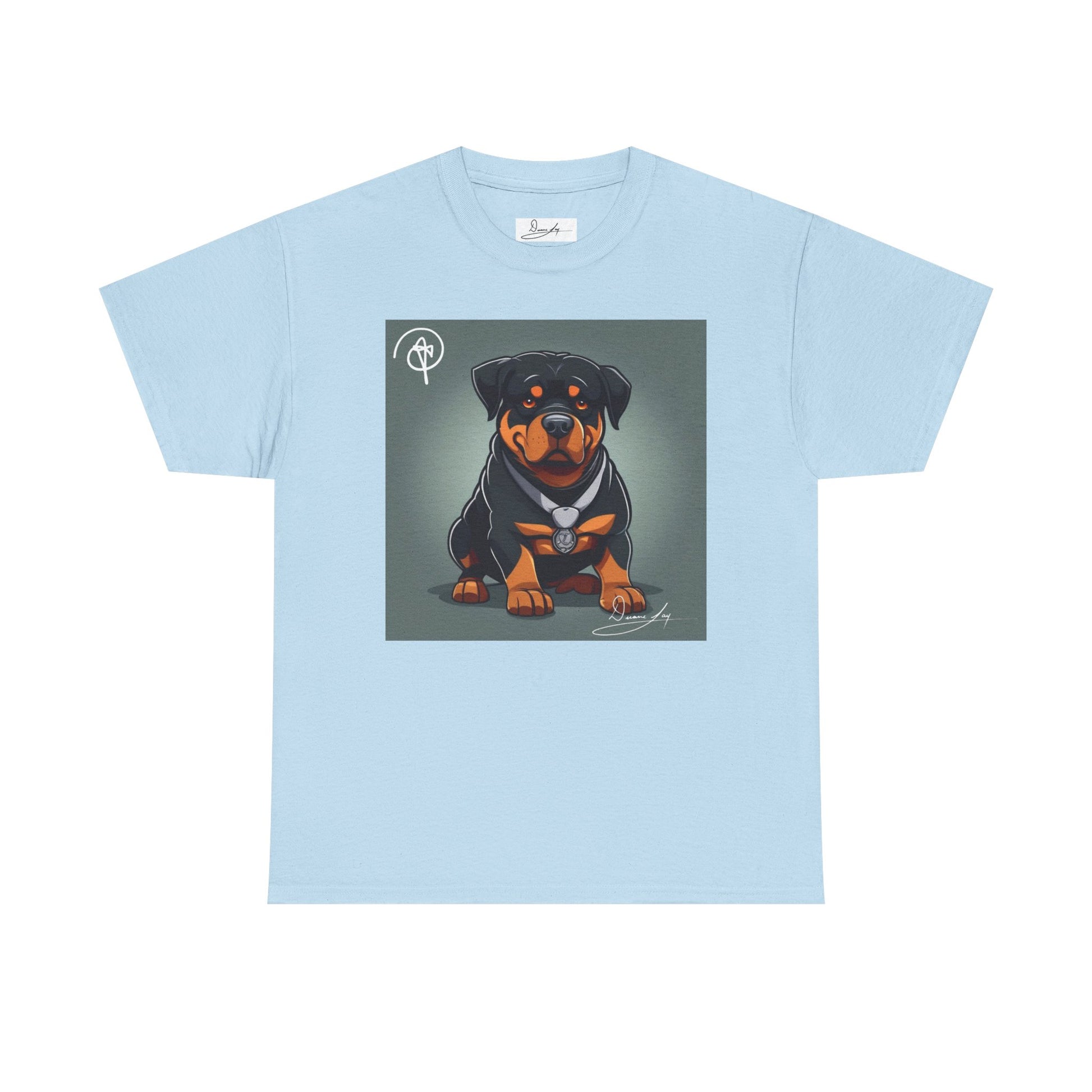 DuaneJay Rottweiler Puppy Portrait T-Shirt — charming graphic tee featuring an adorable Rottweiler puppy rendered in stunning artistic detail, a perfect blend of cuteness and signature streetwear style for devoted dog lovers