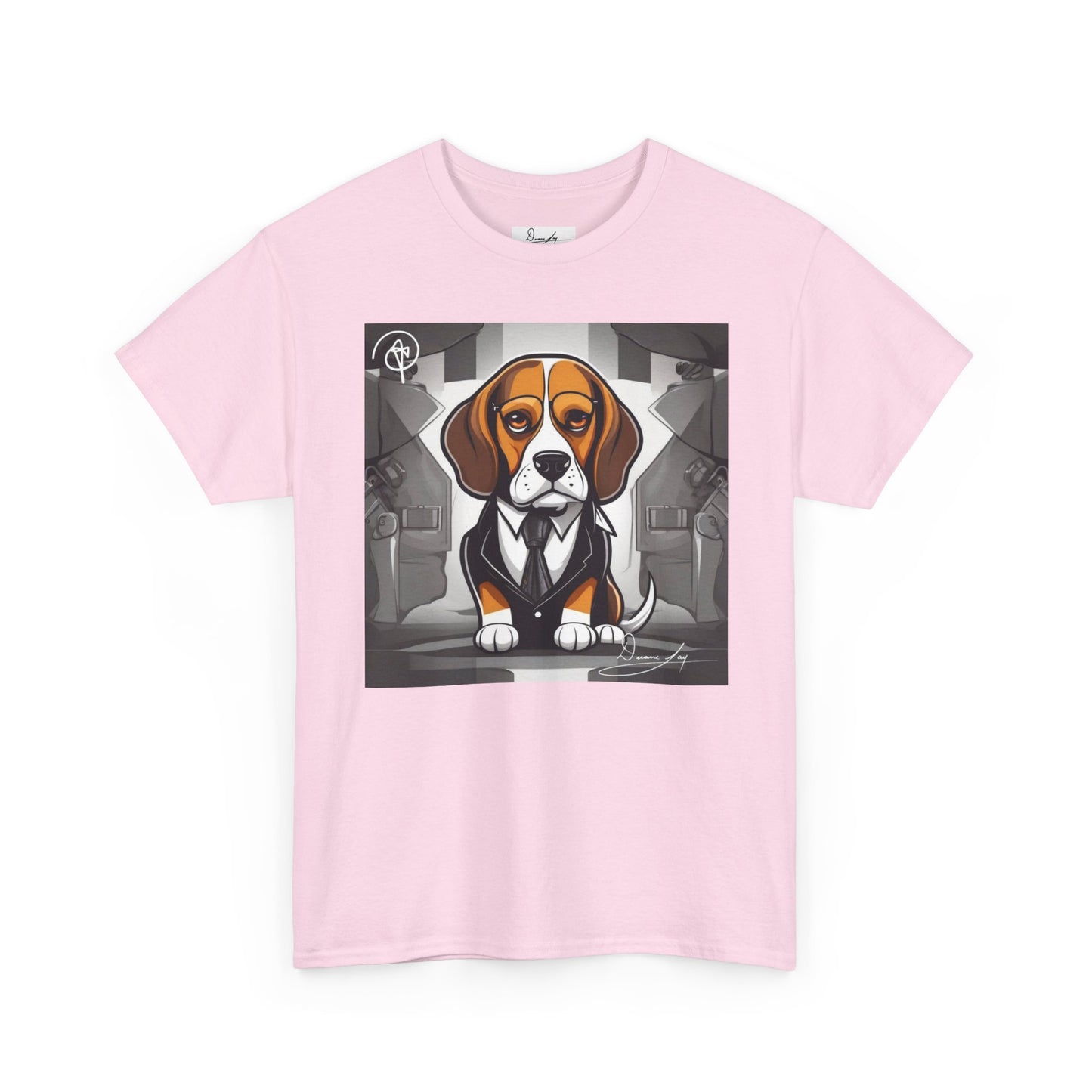 DuaneJay Beagle in a Suit T-Shirt — funny formal dog graphic tee featuring an adorable beagle dressed in a dapper suit, perfect for dog lovers who love bold streetwear style