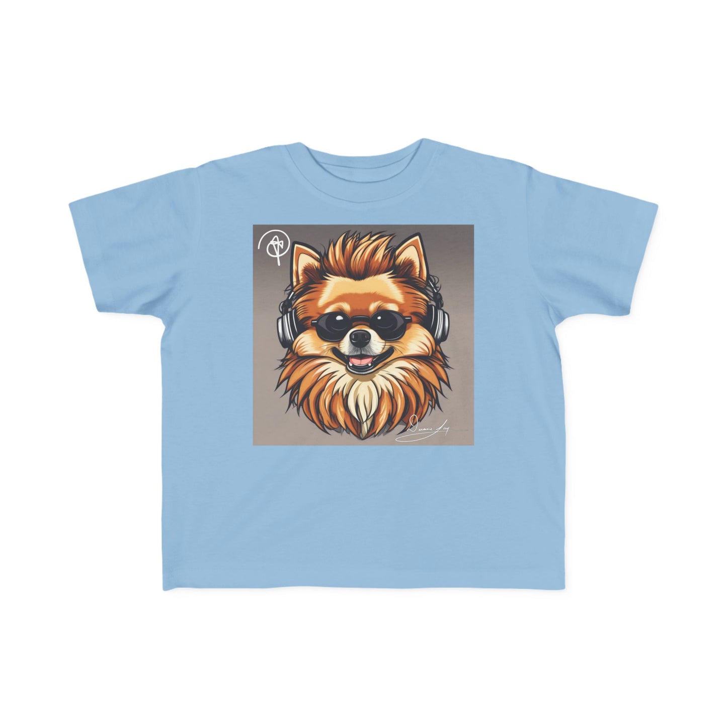 DuaneJay Cool Pomeranian Kids T-Shirt — fun kids graphic tee featuring an adorable Pomeranian rocking sunglasses and headphones, a bold and playful streetwear-inspired look for kids who carry the DuaneJay Fashion style with confidence