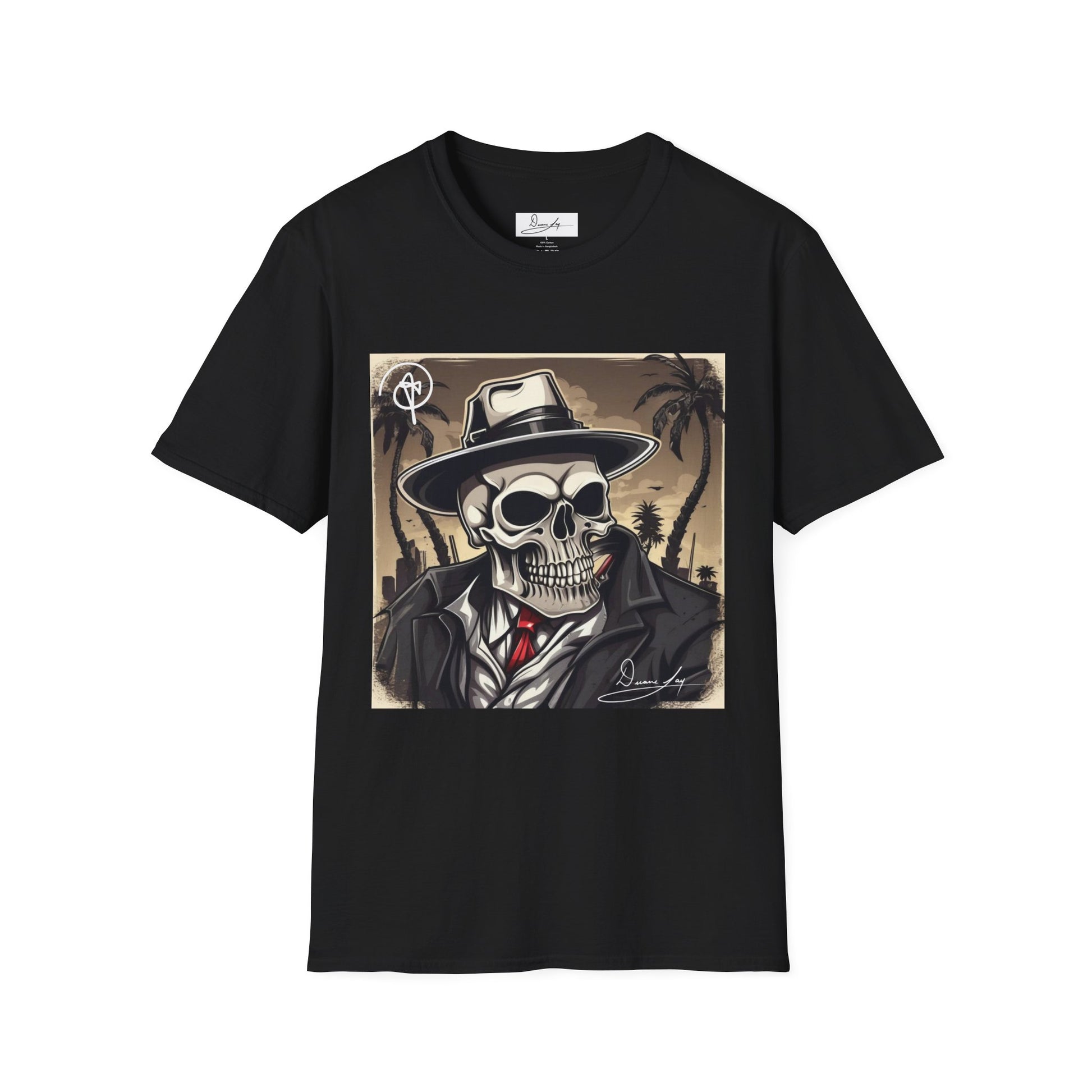DuaneJay Skull Gangster T-Shirt — retro mafia skeleton graphic tee streetwear