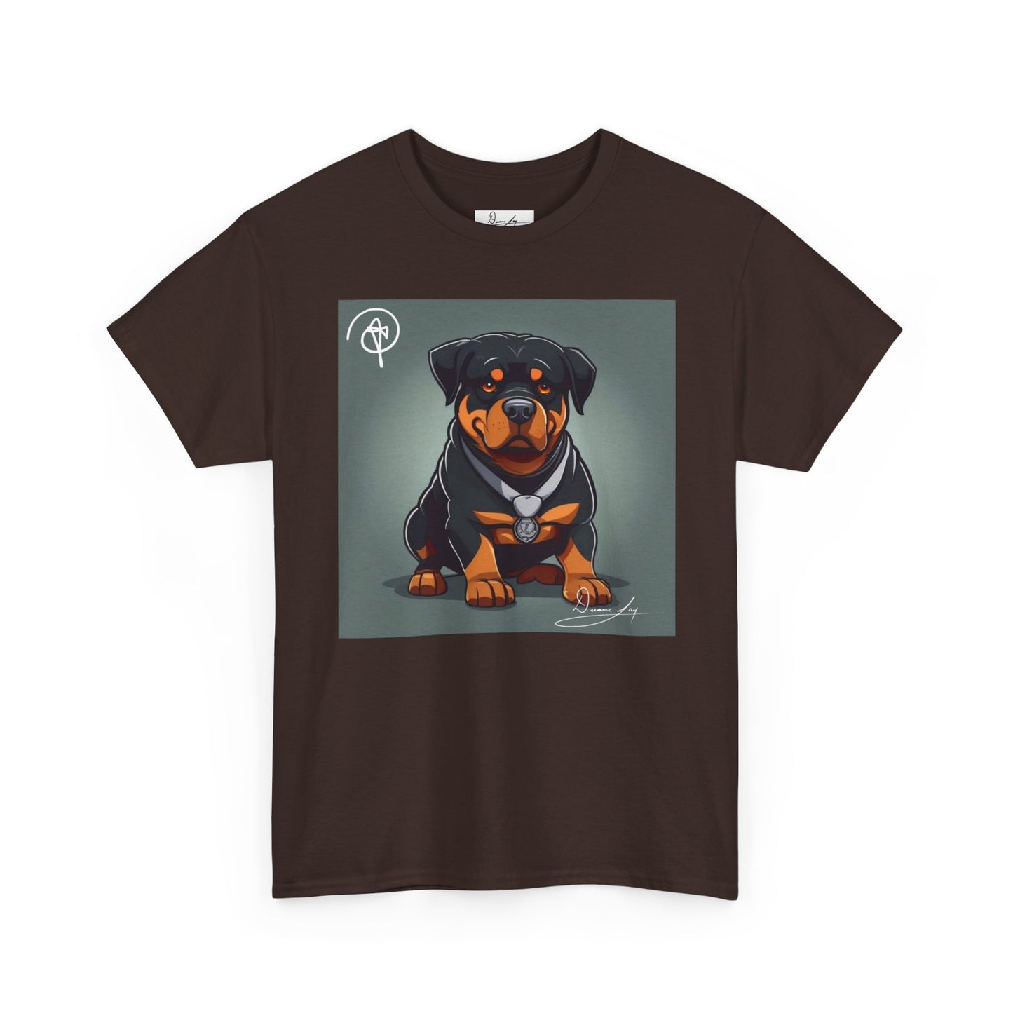 DuaneJay Rottweiler Puppy Portrait T-Shirt — charming graphic tee featuring an adorable Rottweiler puppy rendered in stunning artistic detail, a perfect blend of cuteness and signature streetwear style for devoted dog lovers