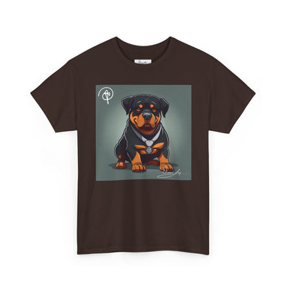 DuaneJay Rottweiler Puppy Portrait T-Shirt — charming graphic tee featuring an adorable Rottweiler puppy rendered in stunning artistic detail, a perfect blend of cuteness and signature streetwear style for devoted dog lovers
