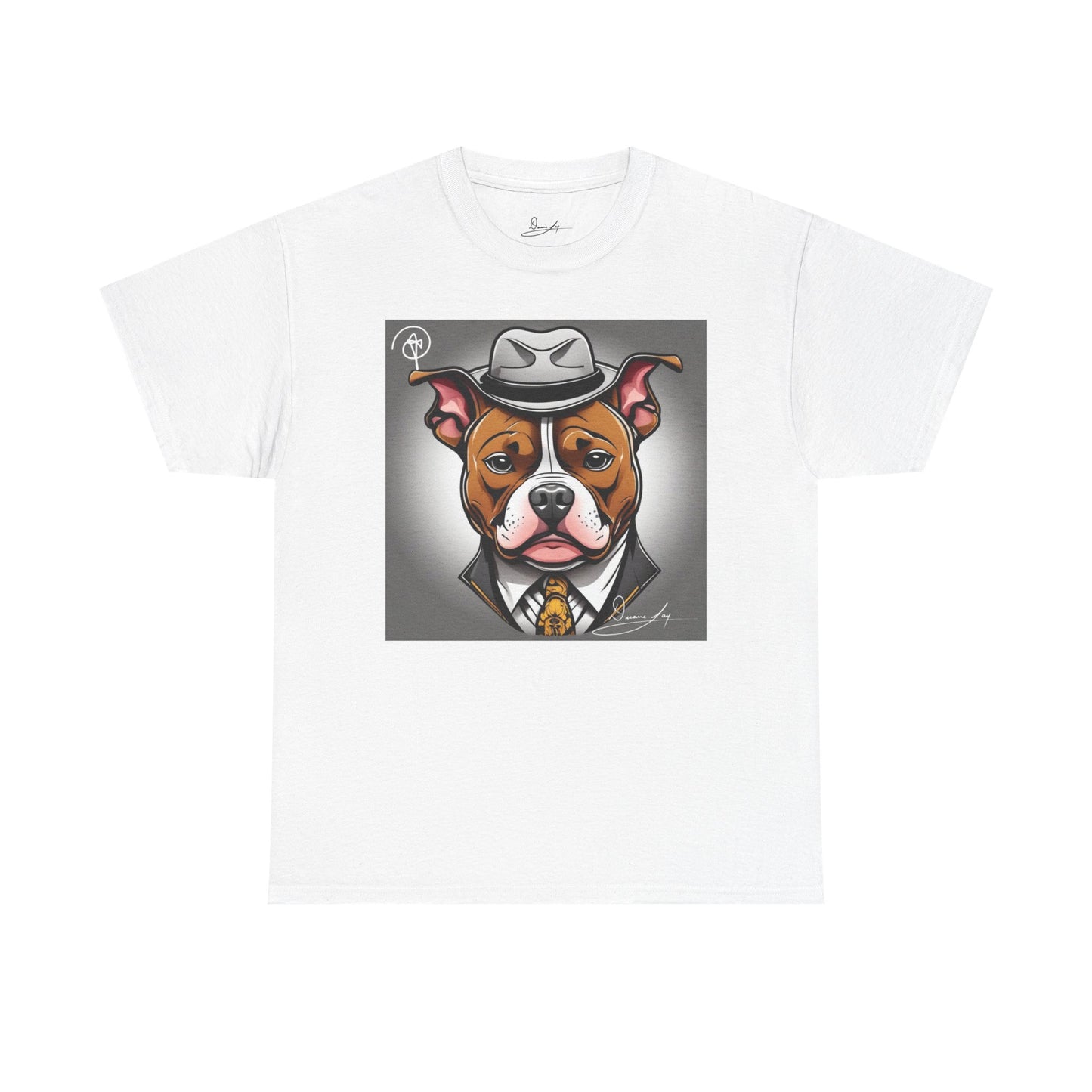 DuaneJay Gentleman Pitbull Tee — distinguished graphic tee featuring a dapper pitbull portrait blending elegance with bold streetwear energy for dog lovers with class and confidence