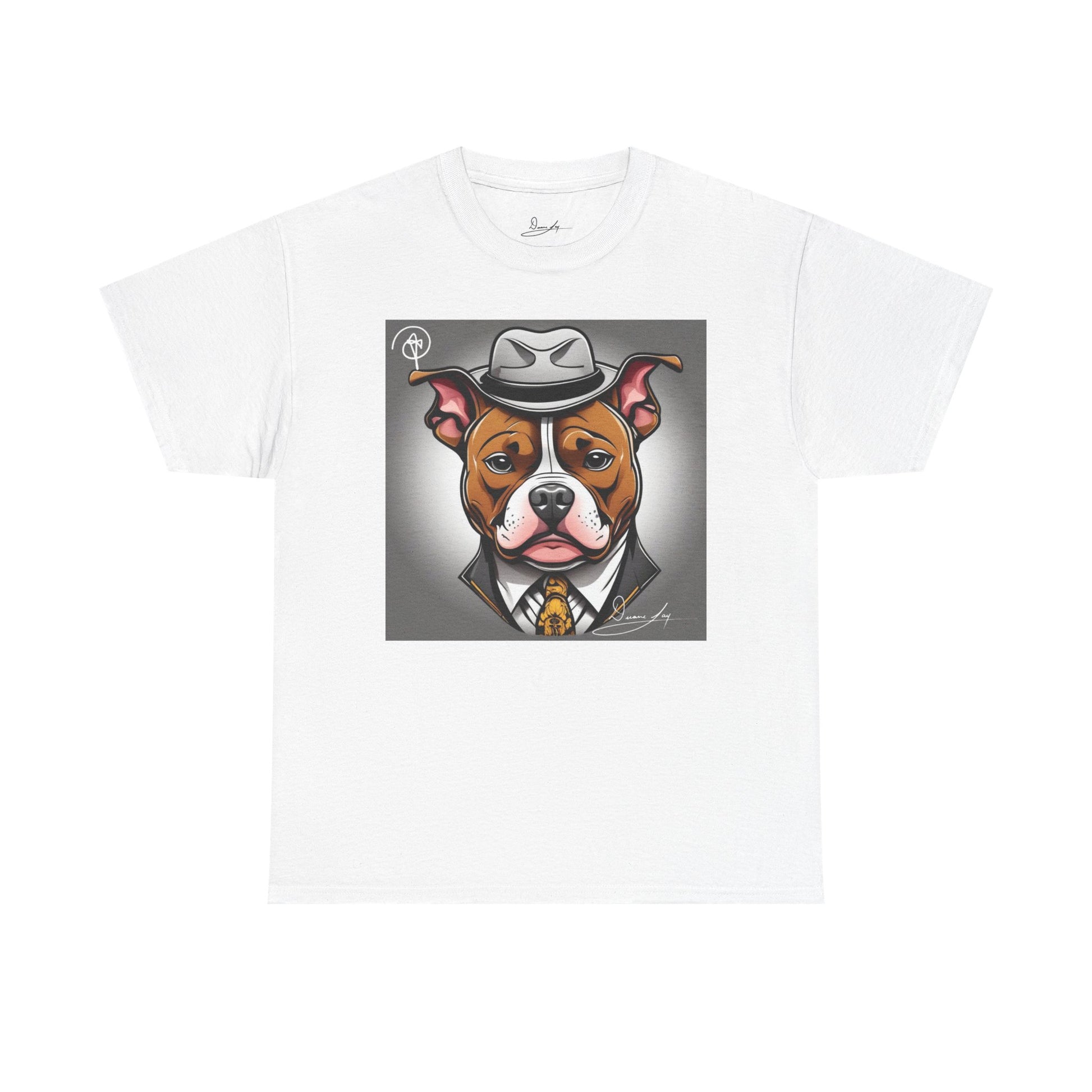 DuaneJay Gentleman Pitbull Tee — distinguished graphic tee featuring a dapper pitbull portrait blending elegance with bold streetwear energy for dog lovers with class and confidence