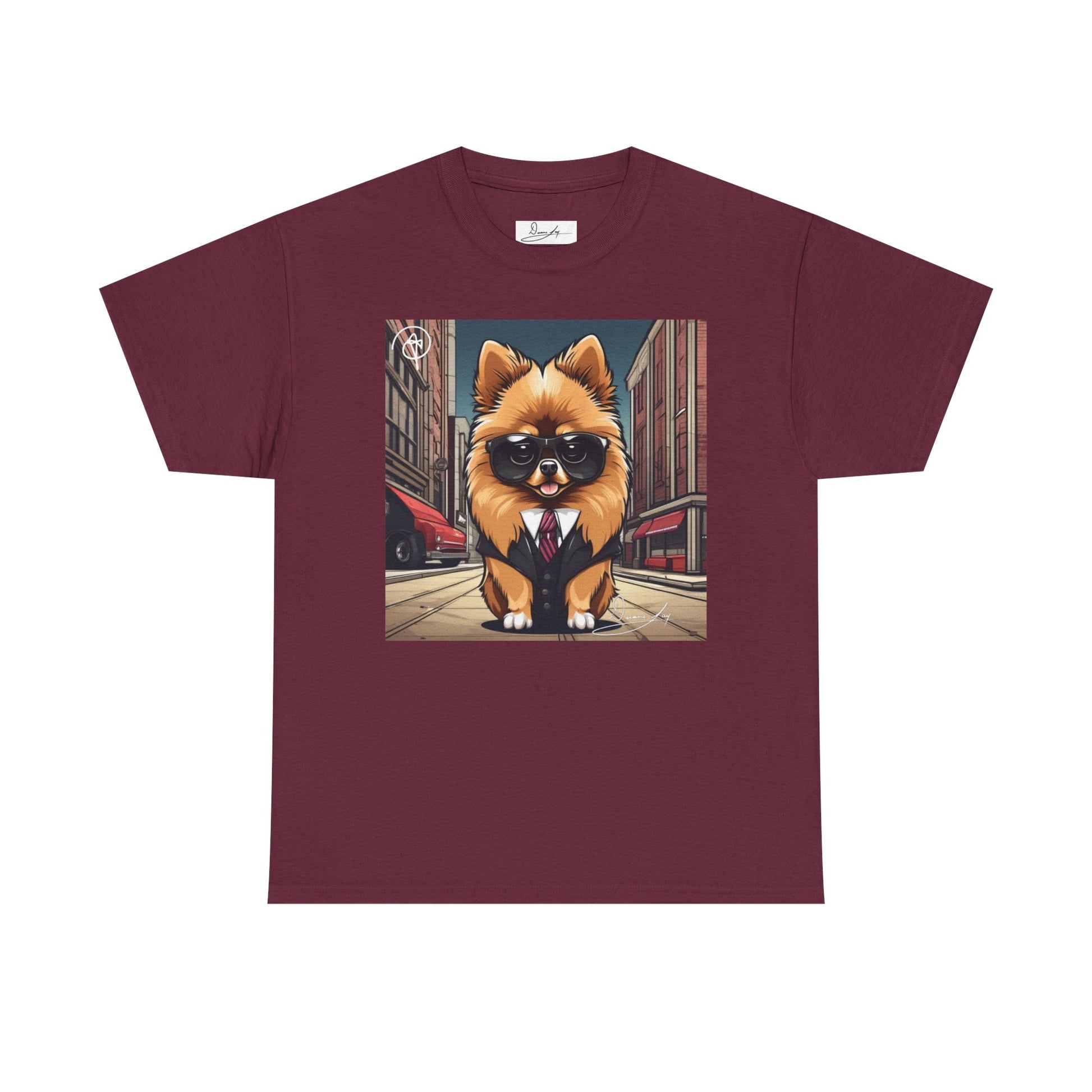 DuaneJay Pomeranian Business Dog T-Shirt — cute Pomeranian in suit graphic tee streetwear