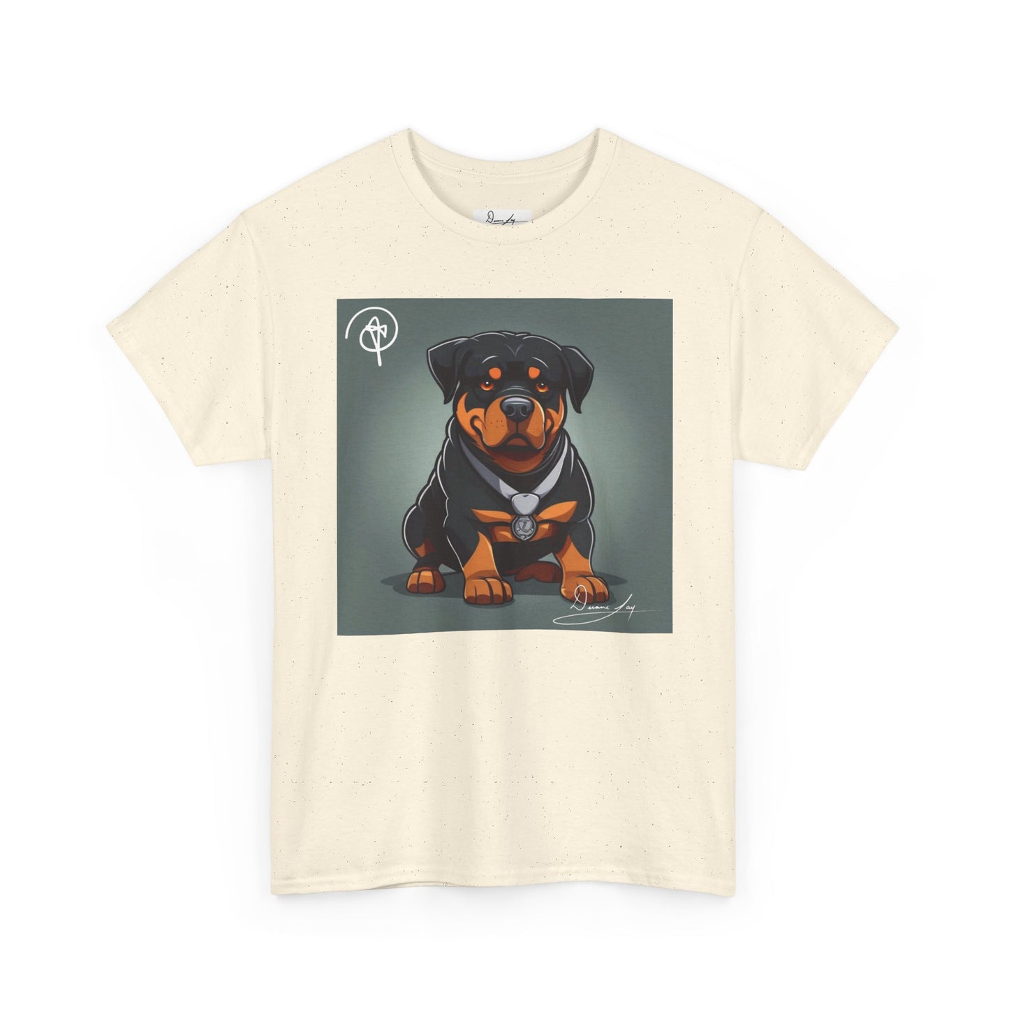 DuaneJay Rottweiler Puppy Portrait T-Shirt — charming graphic tee featuring an adorable Rottweiler puppy rendered in stunning artistic detail, a perfect blend of cuteness and signature streetwear style for devoted dog lovers
