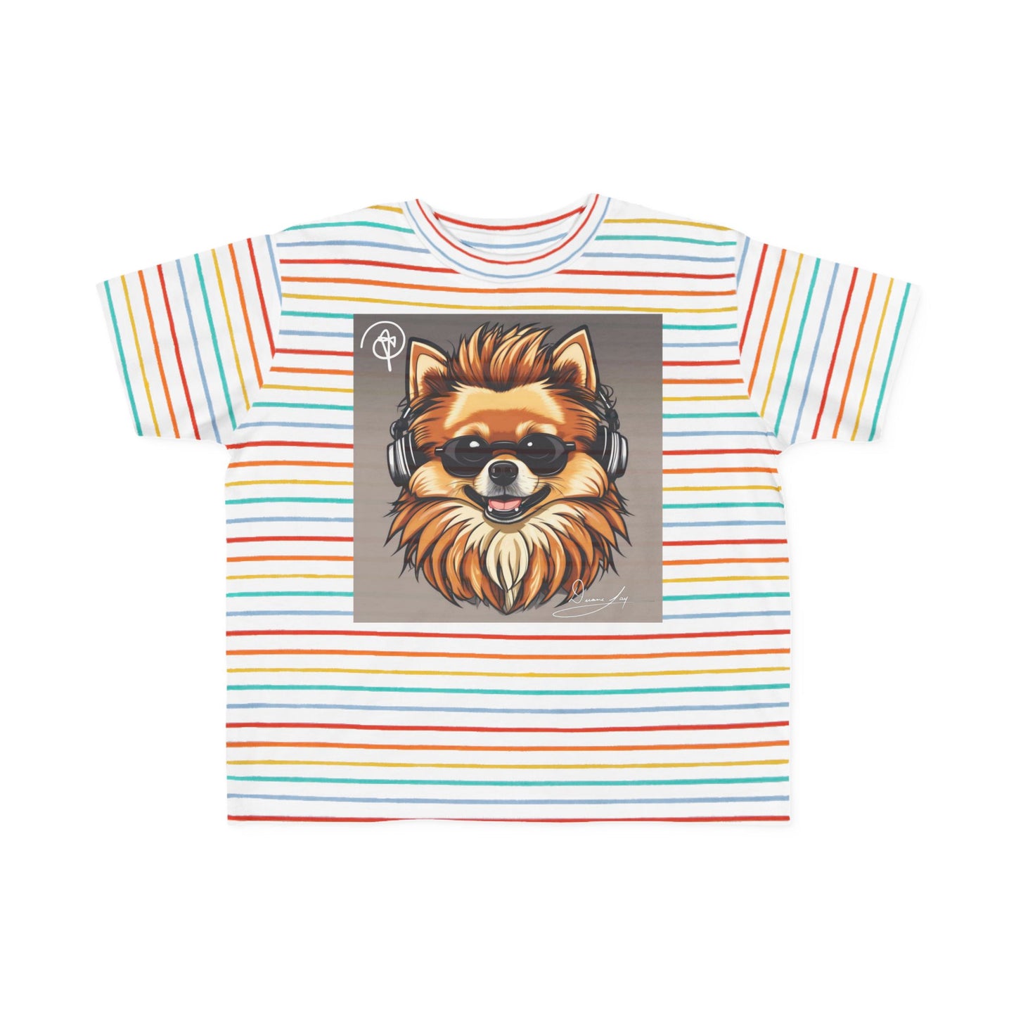 DuaneJay Cool Pomeranian Kids T-Shirt — fun kids graphic tee featuring an adorable Pomeranian rocking sunglasses and headphones, a bold and playful streetwear-inspired look for kids who carry the DuaneJay Fashion style with confidence