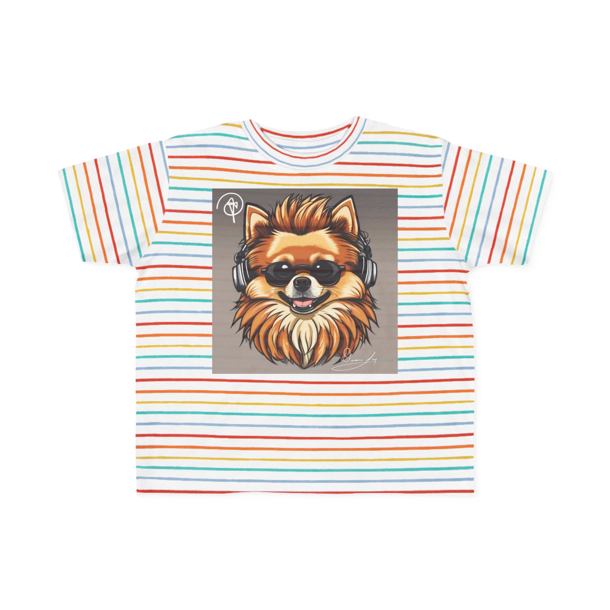 DuaneJay Cool Pomeranian Kids T-Shirt — fun kids graphic tee featuring an adorable Pomeranian rocking sunglasses and headphones, a bold and playful streetwear-inspired look for kids who carry the DuaneJay Fashion style with confidence