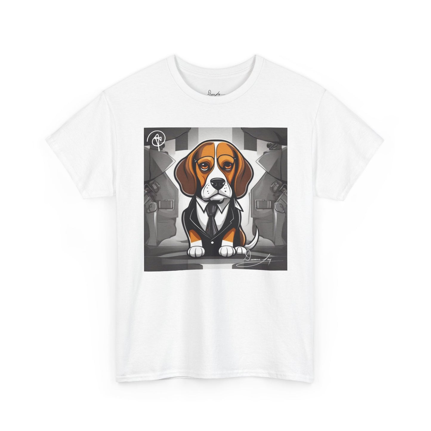 DuaneJay Beagle in a Suit T-Shirt — funny formal dog graphic tee featuring an adorable beagle dressed in a dapper suit, perfect for dog lovers who love bold streetwear style