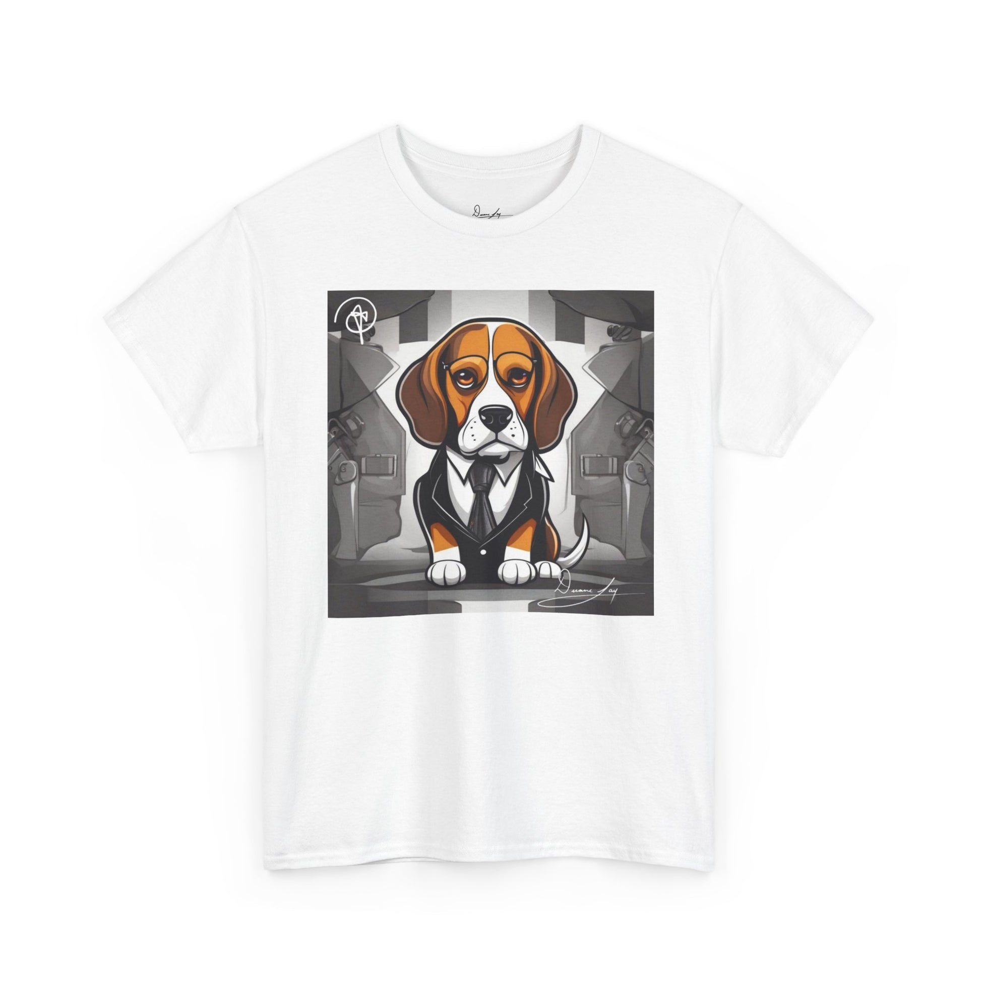 DuaneJay Beagle in a Suit T-Shirt — funny formal dog graphic tee featuring an adorable beagle dressed in a dapper suit, perfect for dog lovers who love bold streetwear style