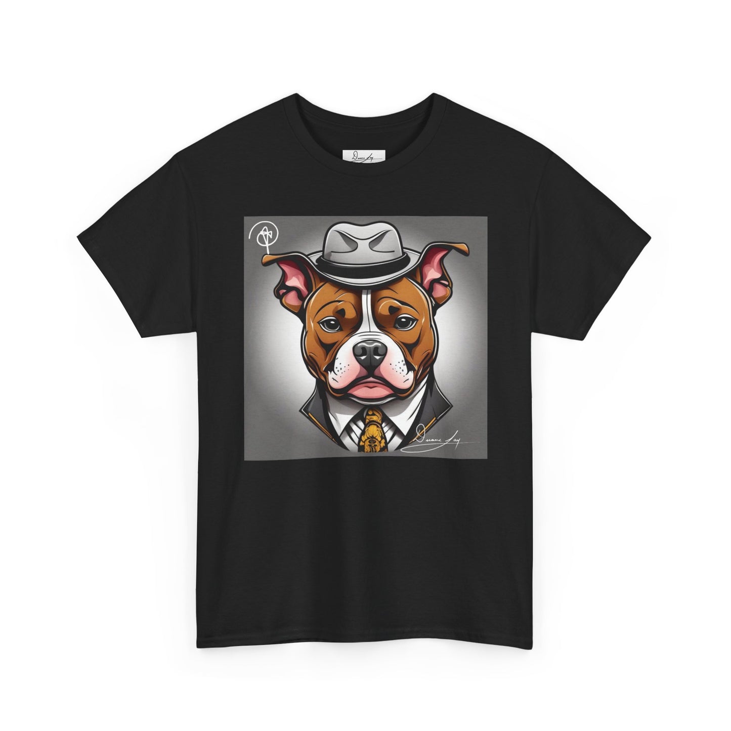 DuaneJay Gentleman Pitbull Tee — distinguished graphic tee featuring a dapper pitbull portrait blending elegance with bold streetwear energy for dog lovers with class and confidence