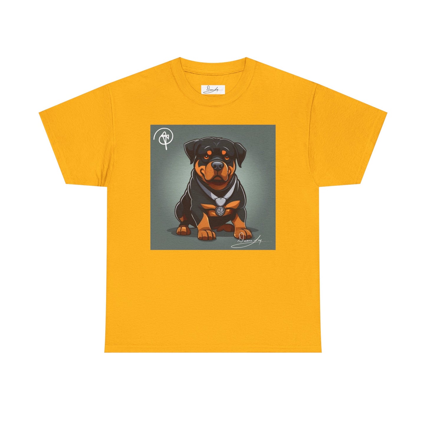 DuaneJay Rottweiler Puppy Portrait T-Shirt — charming graphic tee featuring an adorable Rottweiler puppy rendered in stunning artistic detail, a perfect blend of cuteness and signature streetwear style for devoted dog lovers