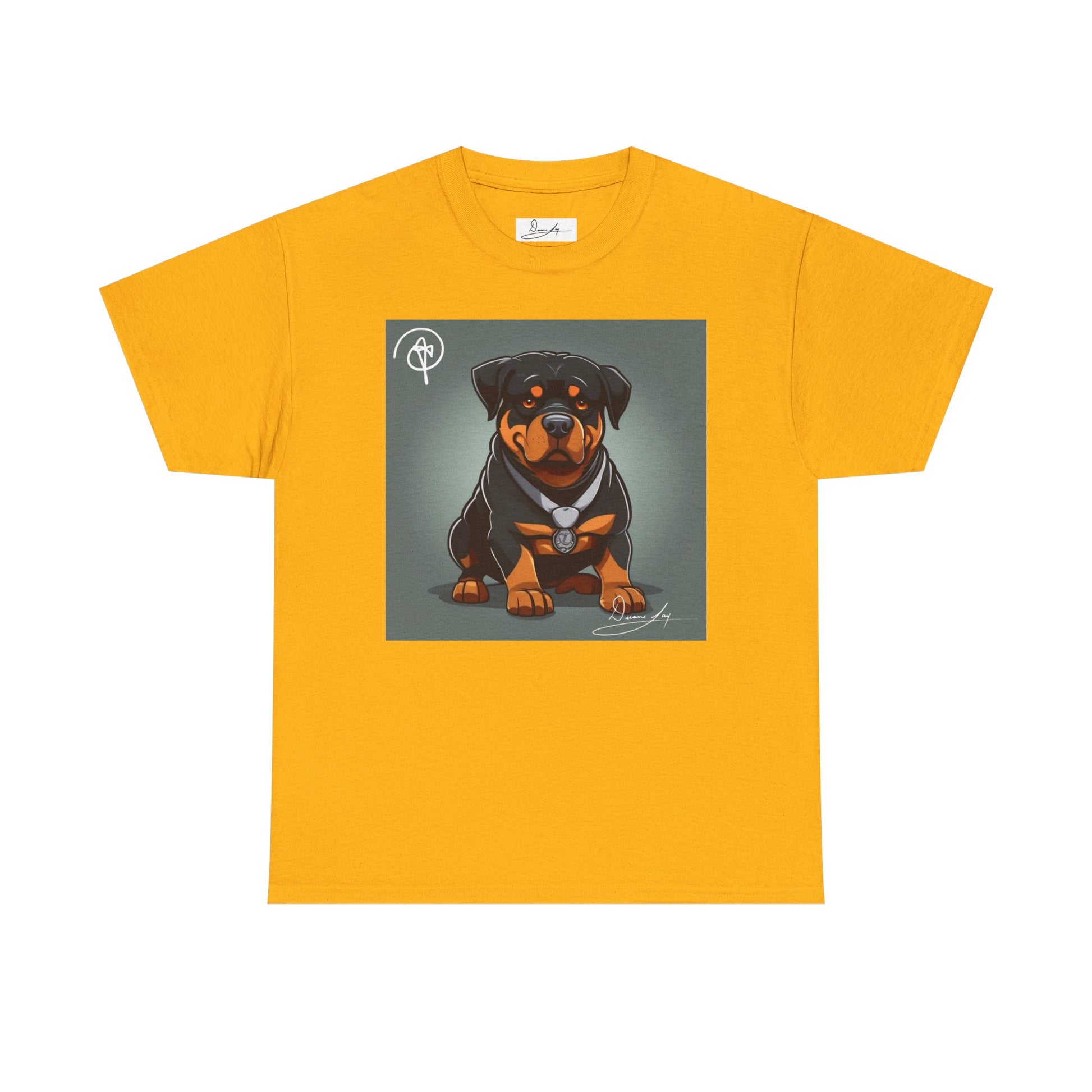 DuaneJay Rottweiler Puppy Portrait T-Shirt — charming graphic tee featuring an adorable Rottweiler puppy rendered in stunning artistic detail, a perfect blend of cuteness and signature streetwear style for devoted dog lovers