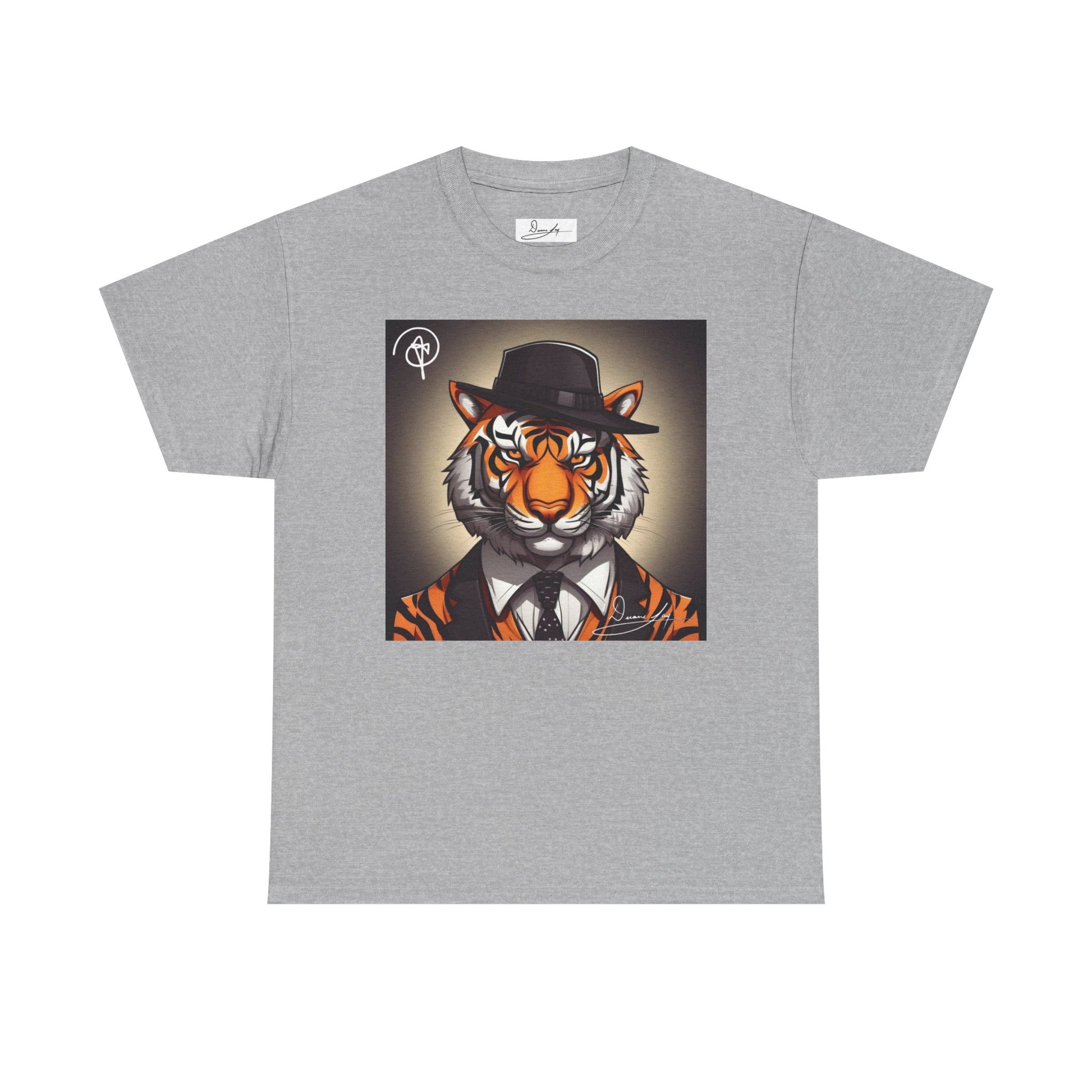 DuaneJay Tiger Gentleman T-Shirt — bold tiger graphic tee featuring a distinguished tiger in gentleman style, a powerful streetwear statement for those who wear confidence with class