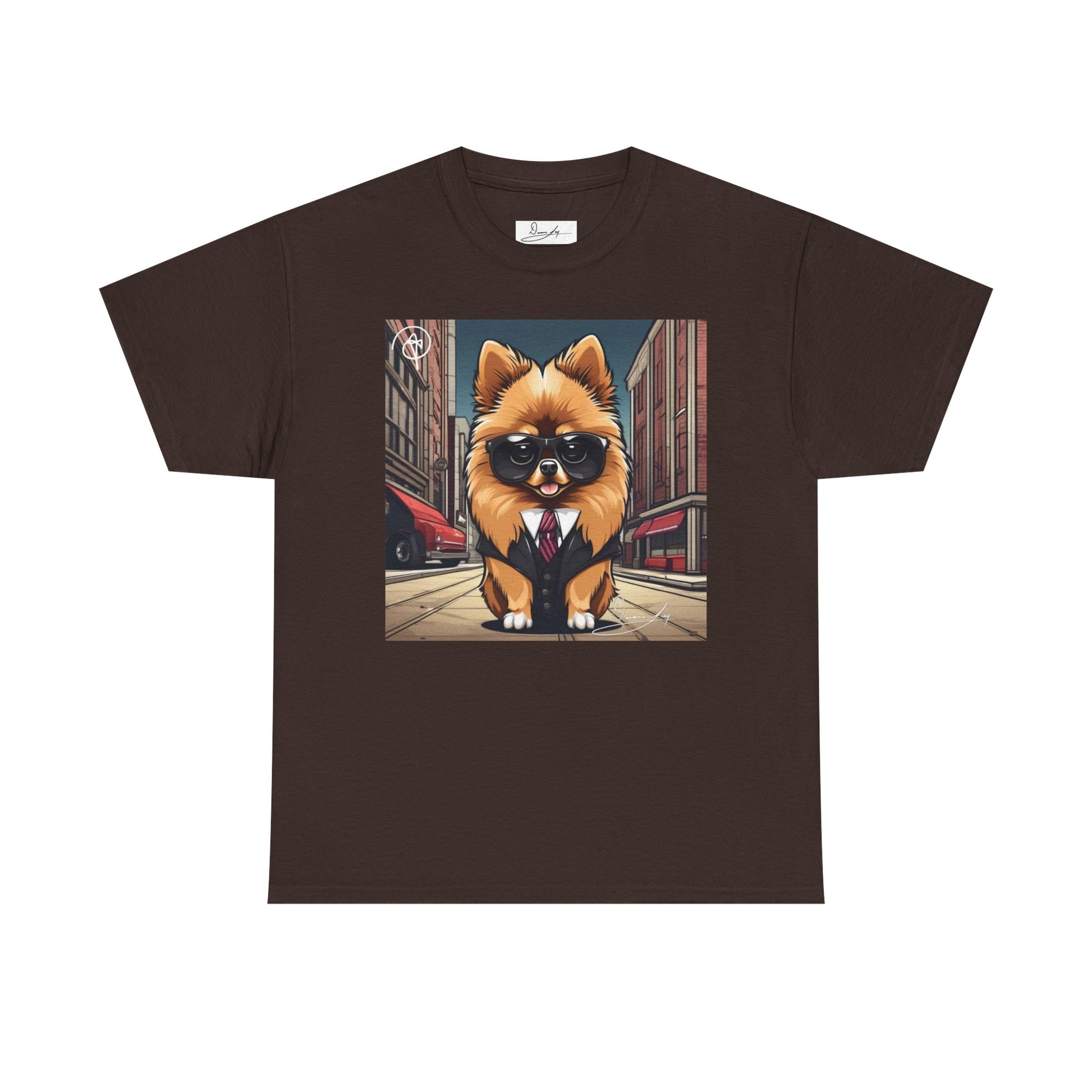 DuaneJay Pomeranian Business Dog T-Shirt — cute Pomeranian in suit graphic tee streetwear