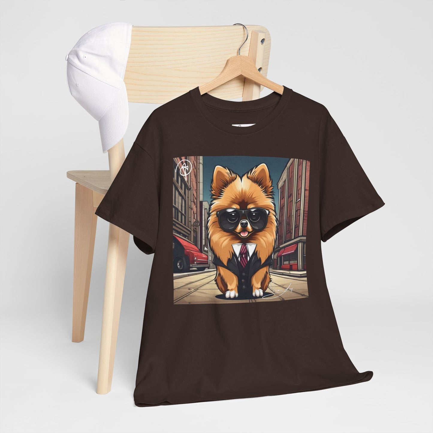 DuaneJay Pomeranian Business Dog T-Shirt — cute Pomeranian in suit graphic tee streetwear