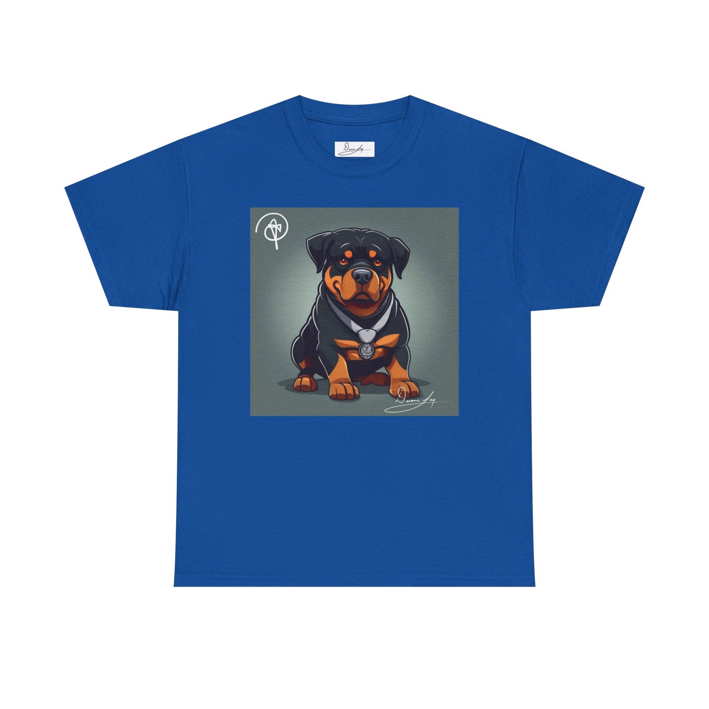 DuaneJay Rottweiler Puppy Portrait T-Shirt — charming graphic tee featuring an adorable Rottweiler puppy rendered in stunning artistic detail, a perfect blend of cuteness and signature streetwear style for devoted dog lovers