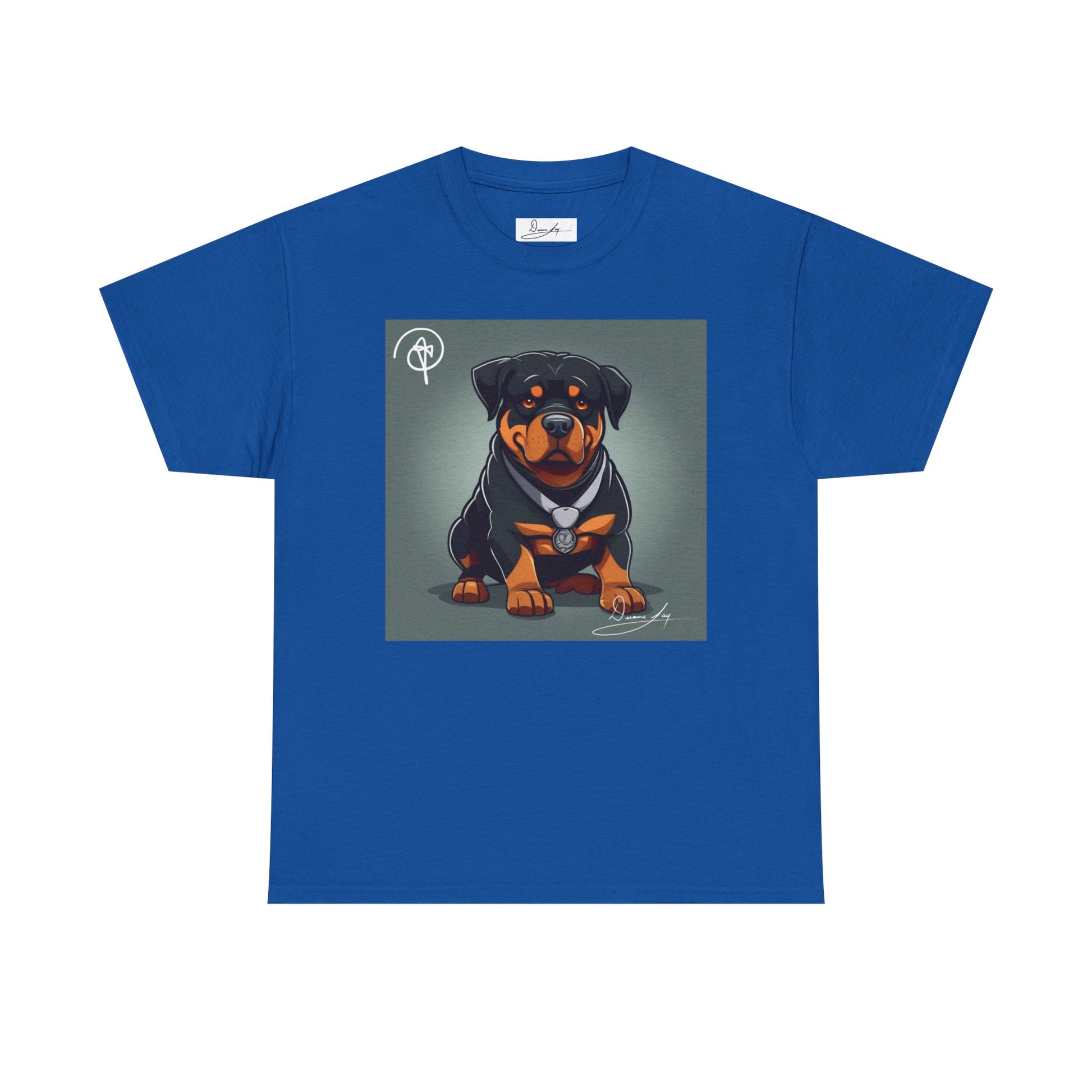 DuaneJay Rottweiler Puppy Portrait T-Shirt — charming graphic tee featuring an adorable Rottweiler puppy rendered in stunning artistic detail, a perfect blend of cuteness and signature streetwear style for devoted dog lovers