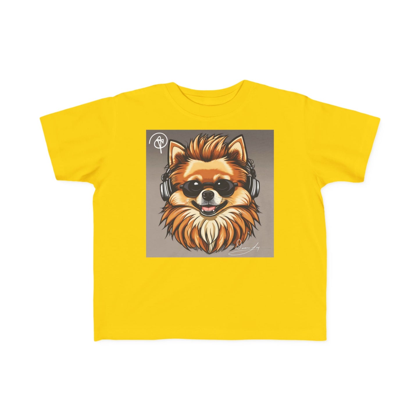 DuaneJay Cool Pomeranian Kids T-Shirt — fun kids graphic tee featuring an adorable Pomeranian rocking sunglasses and headphones, a bold and playful streetwear-inspired look for kids who carry the DuaneJay Fashion style with confidence