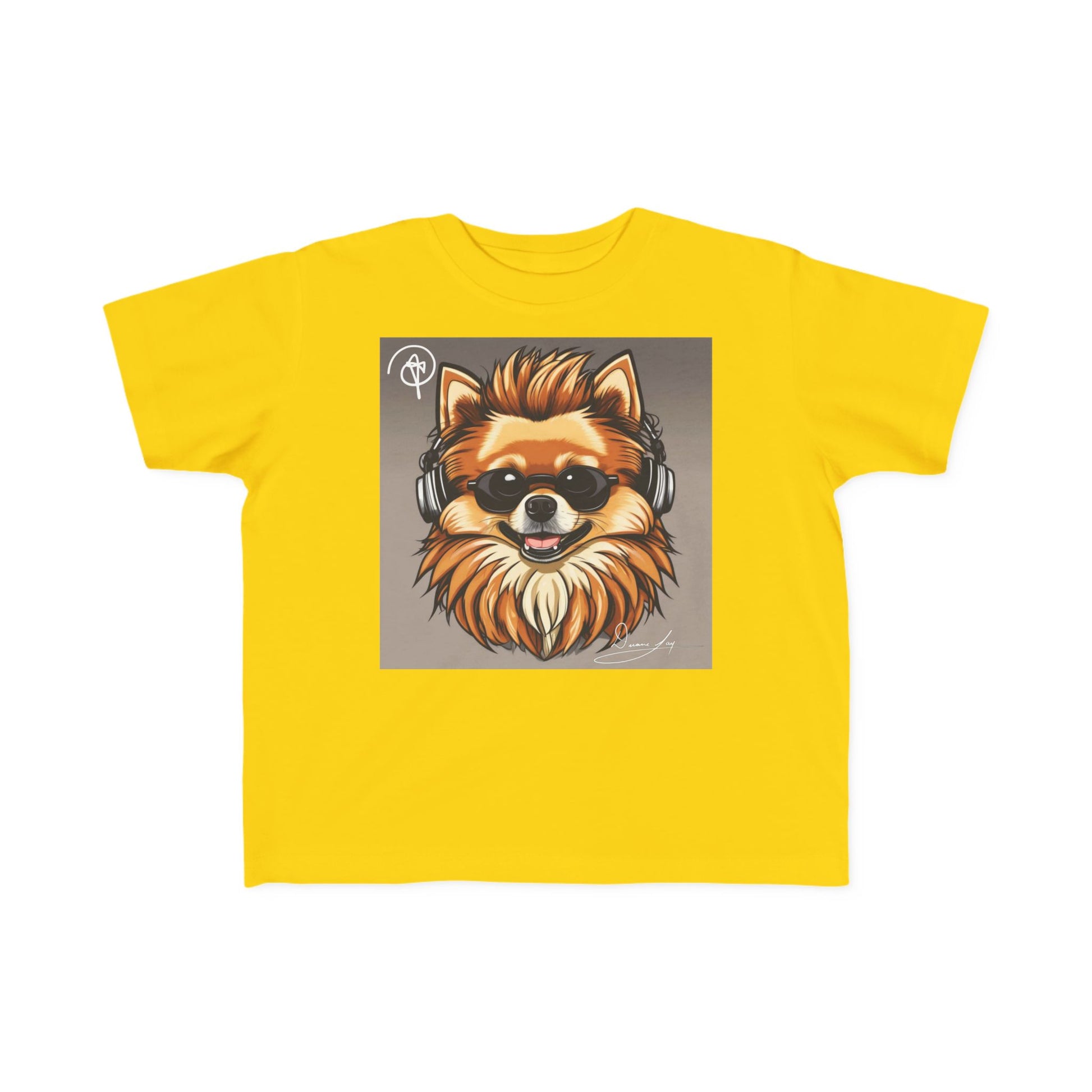 DuaneJay Cool Pomeranian Kids T-Shirt — fun kids graphic tee featuring an adorable Pomeranian rocking sunglasses and headphones, a bold and playful streetwear-inspired look for kids who carry the DuaneJay Fashion style with confidence