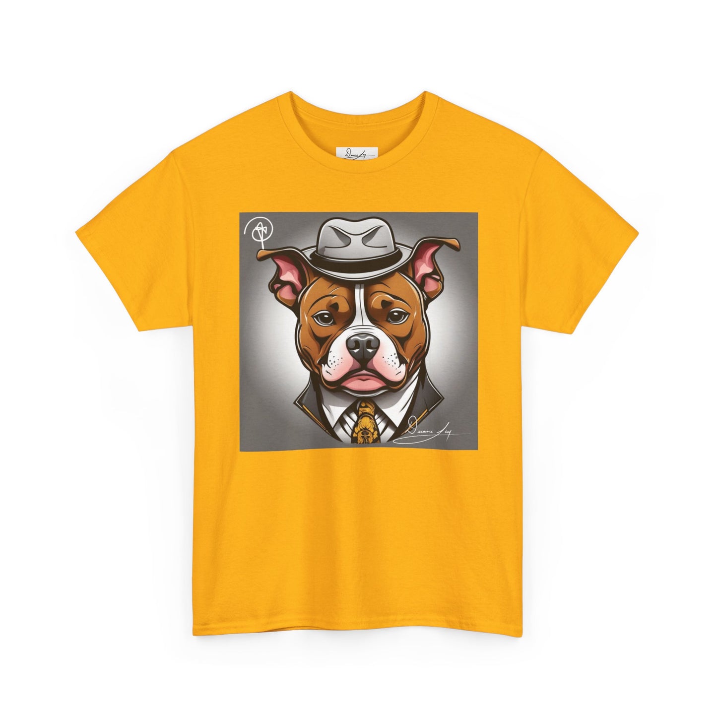 DuaneJay Gentleman Pitbull Tee — distinguished graphic tee featuring a dapper pitbull portrait blending elegance with bold streetwear energy for dog lovers with class and confidence