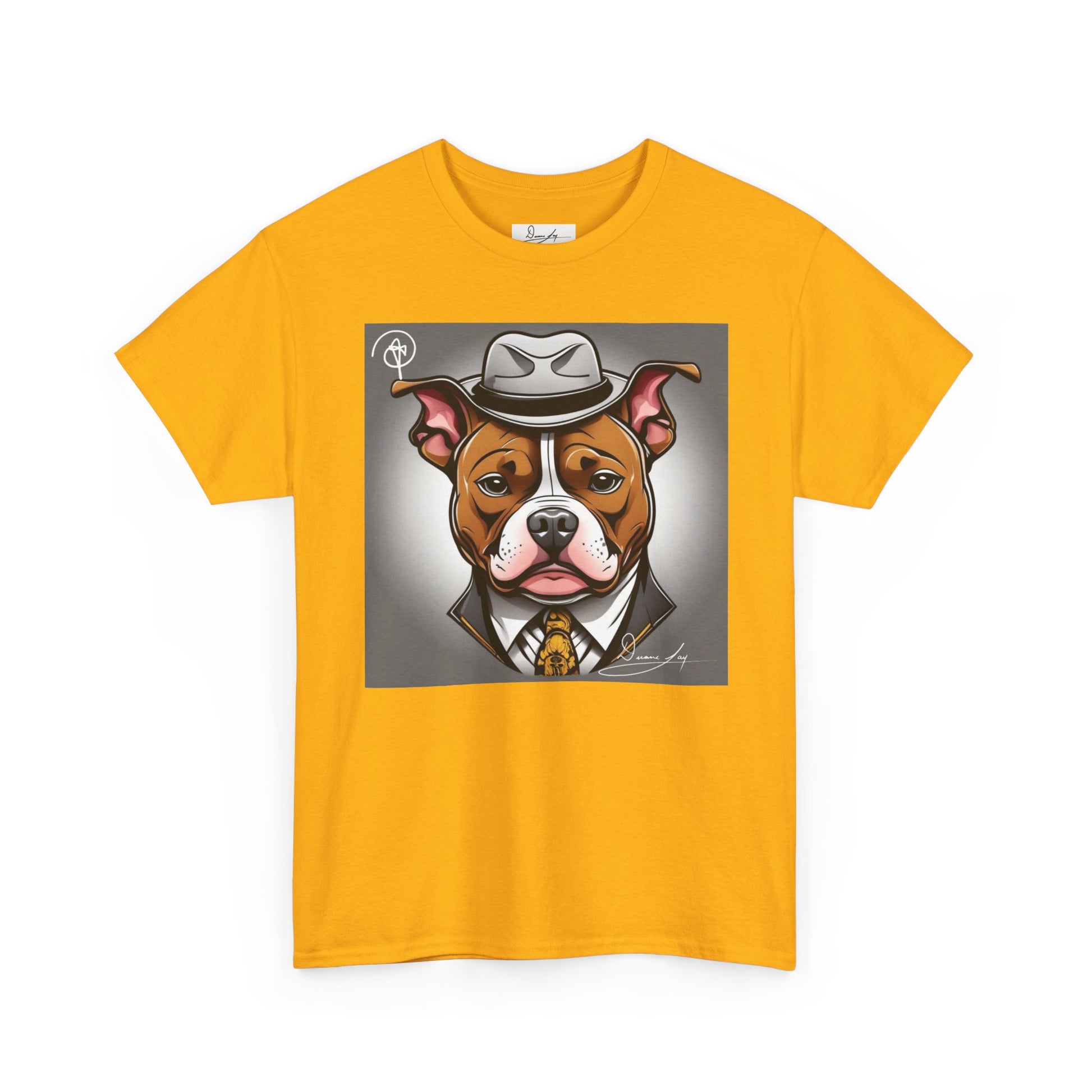 DuaneJay Gentleman Pitbull Tee — distinguished graphic tee featuring a dapper pitbull portrait blending elegance with bold streetwear energy for dog lovers with class and confidence