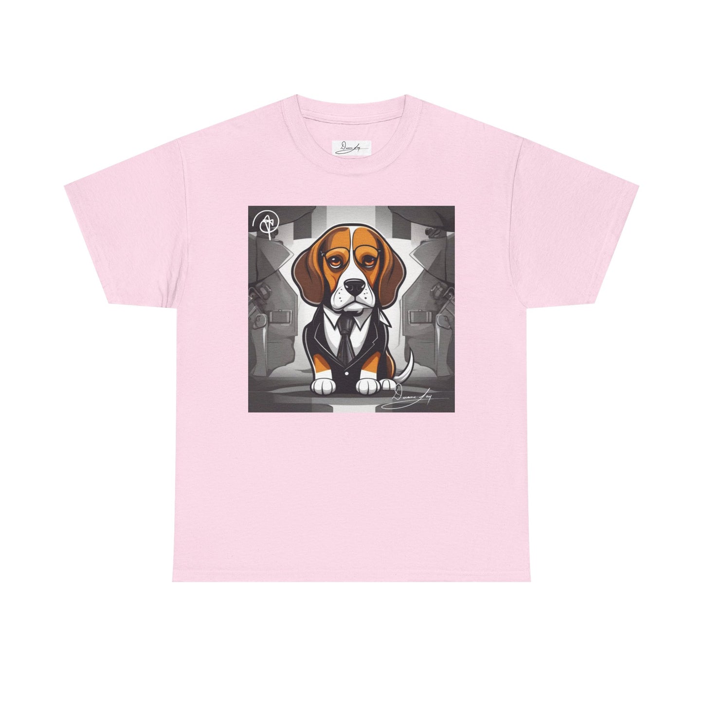 DuaneJay Beagle in a Suit T-Shirt — funny formal dog graphic tee featuring an adorable beagle dressed in a dapper suit, perfect for dog lovers who love bold streetwear style