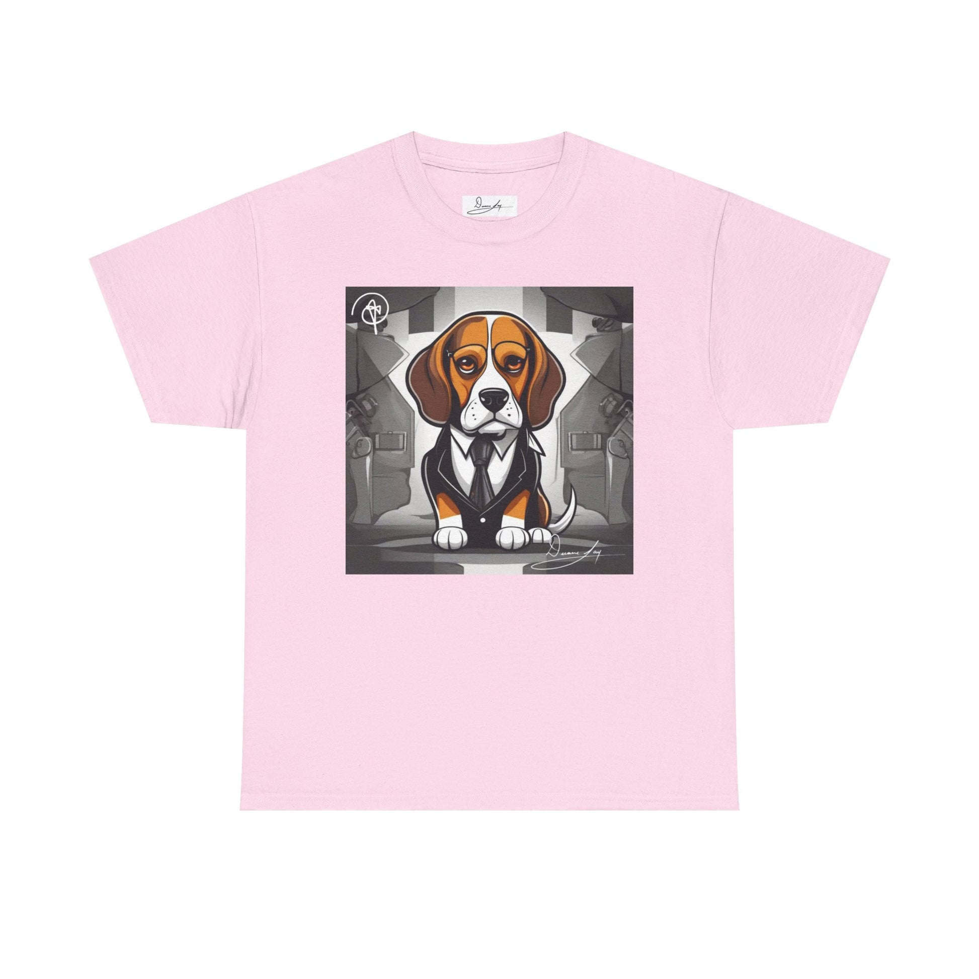 DuaneJay Beagle in a Suit T-Shirt — funny formal dog graphic tee featuring an adorable beagle dressed in a dapper suit, perfect for dog lovers who love bold streetwear style