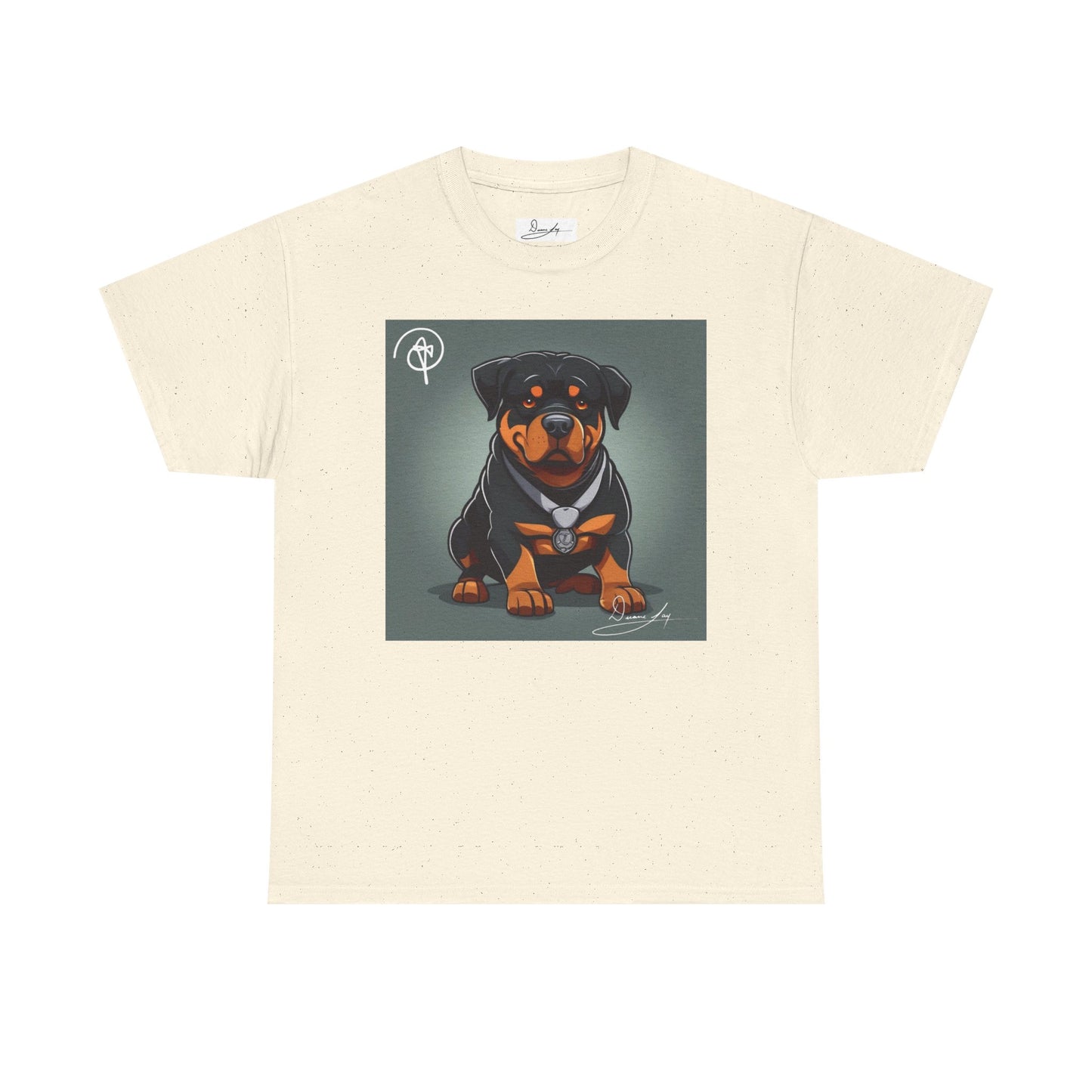 DuaneJay Rottweiler Puppy Portrait T-Shirt — charming graphic tee featuring an adorable Rottweiler puppy rendered in stunning artistic detail, a perfect blend of cuteness and signature streetwear style for devoted dog lovers