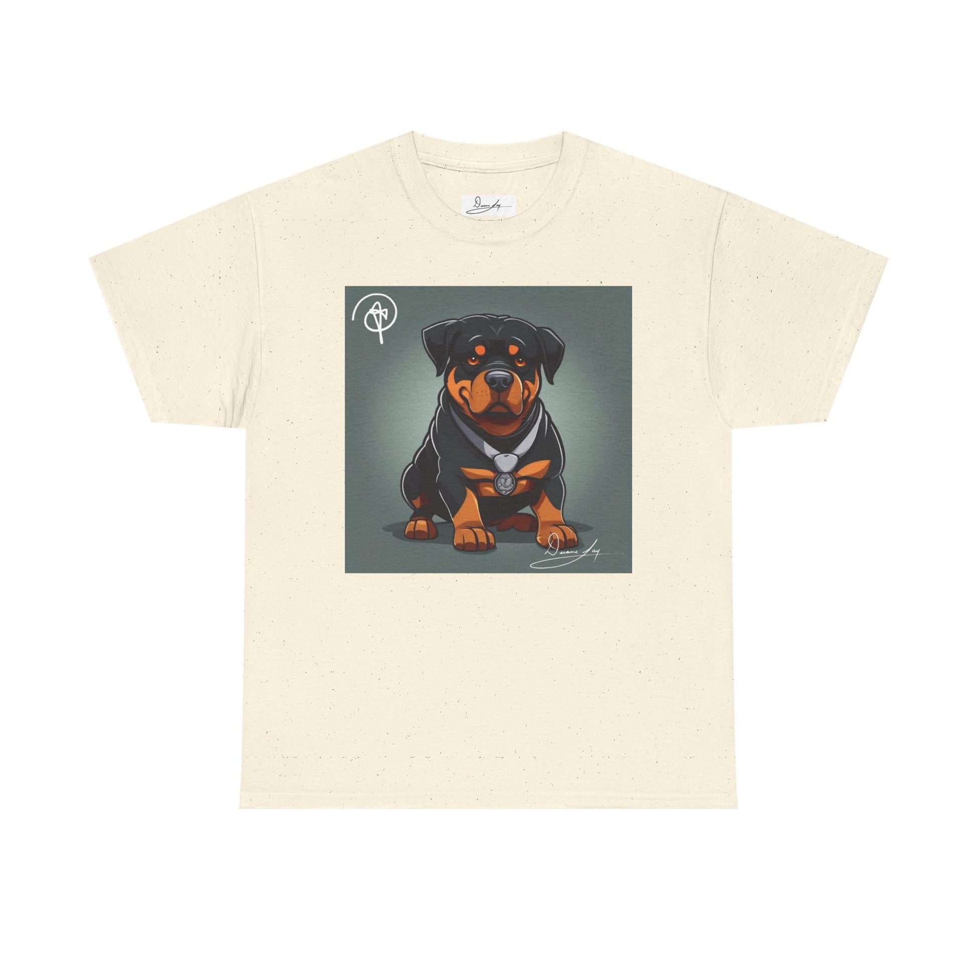 DuaneJay Rottweiler Puppy Portrait T-Shirt — charming graphic tee featuring an adorable Rottweiler puppy rendered in stunning artistic detail, a perfect blend of cuteness and signature streetwear style for devoted dog lovers