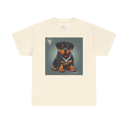DuaneJay Rottweiler Puppy Portrait T-Shirt — charming graphic tee featuring an adorable Rottweiler puppy rendered in stunning artistic detail, a perfect blend of cuteness and signature streetwear style for devoted dog lovers