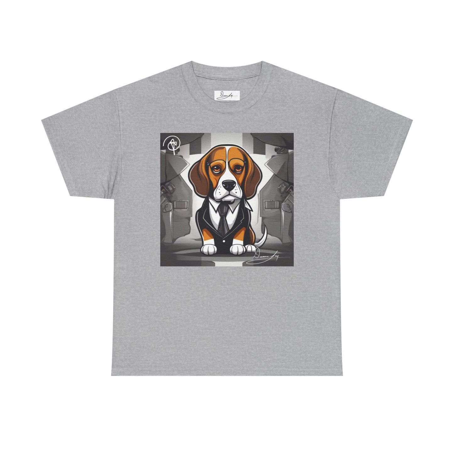 DuaneJay Beagle in a Suit T-Shirt — funny formal dog graphic tee featuring an adorable beagle dressed in a dapper suit, perfect for dog lovers who love bold streetwear style