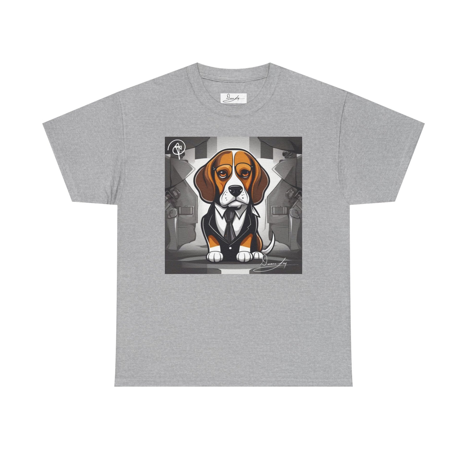 DuaneJay Beagle in a Suit T-Shirt — funny formal dog graphic tee featuring an adorable beagle dressed in a dapper suit, perfect for dog lovers who love bold streetwear style