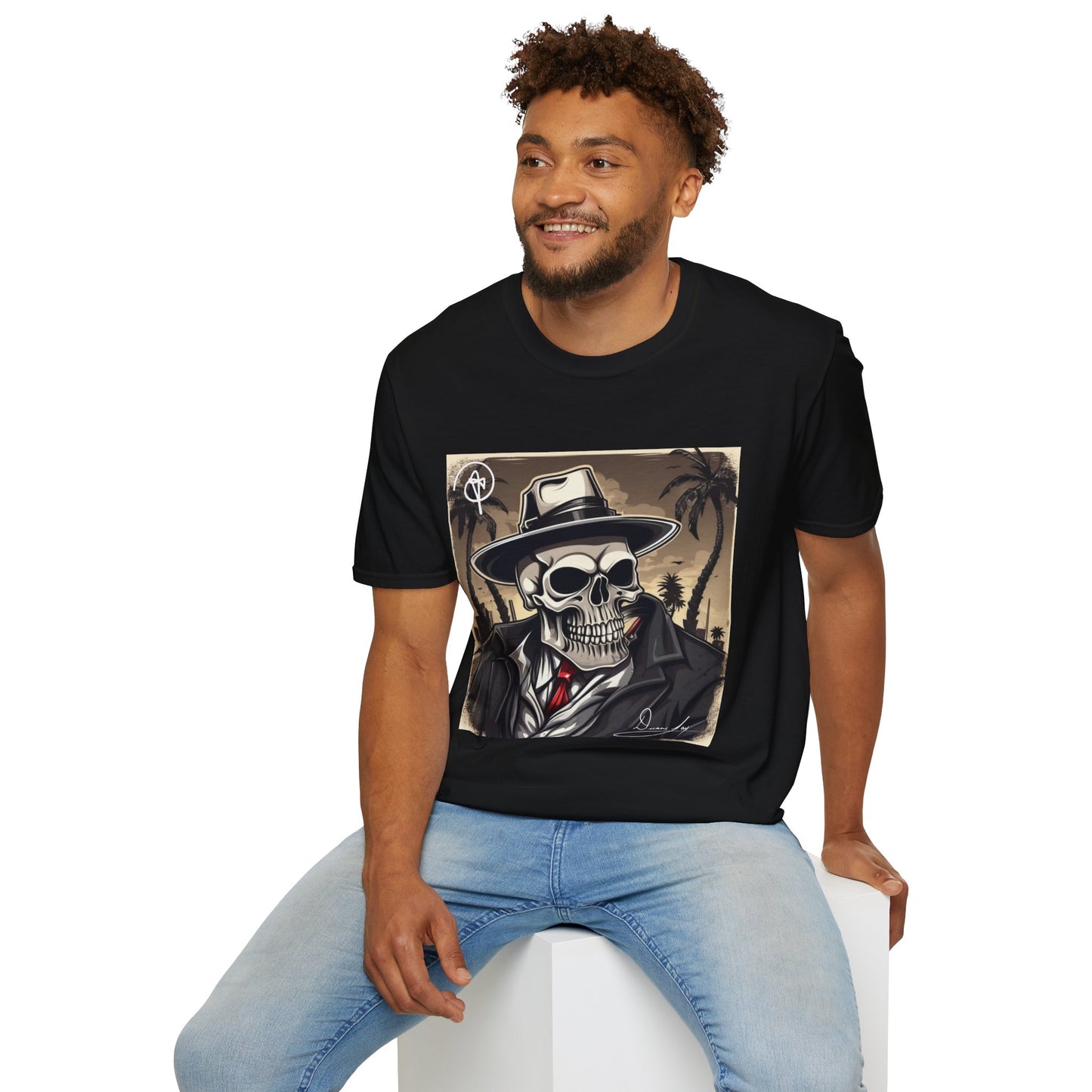 DuaneJay Skull Gangster T-Shirt — retro mafia skeleton graphic tee streetwear