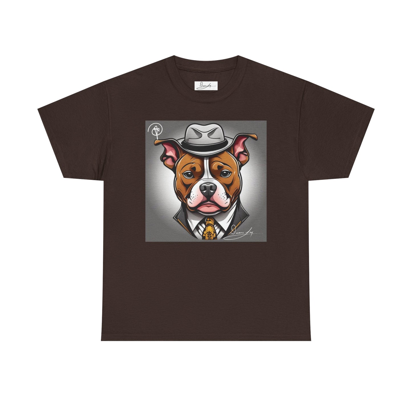 DuaneJay Gentleman Pitbull Tee — distinguished graphic tee featuring a dapper pitbull portrait blending elegance with bold streetwear energy for dog lovers with class and confidence