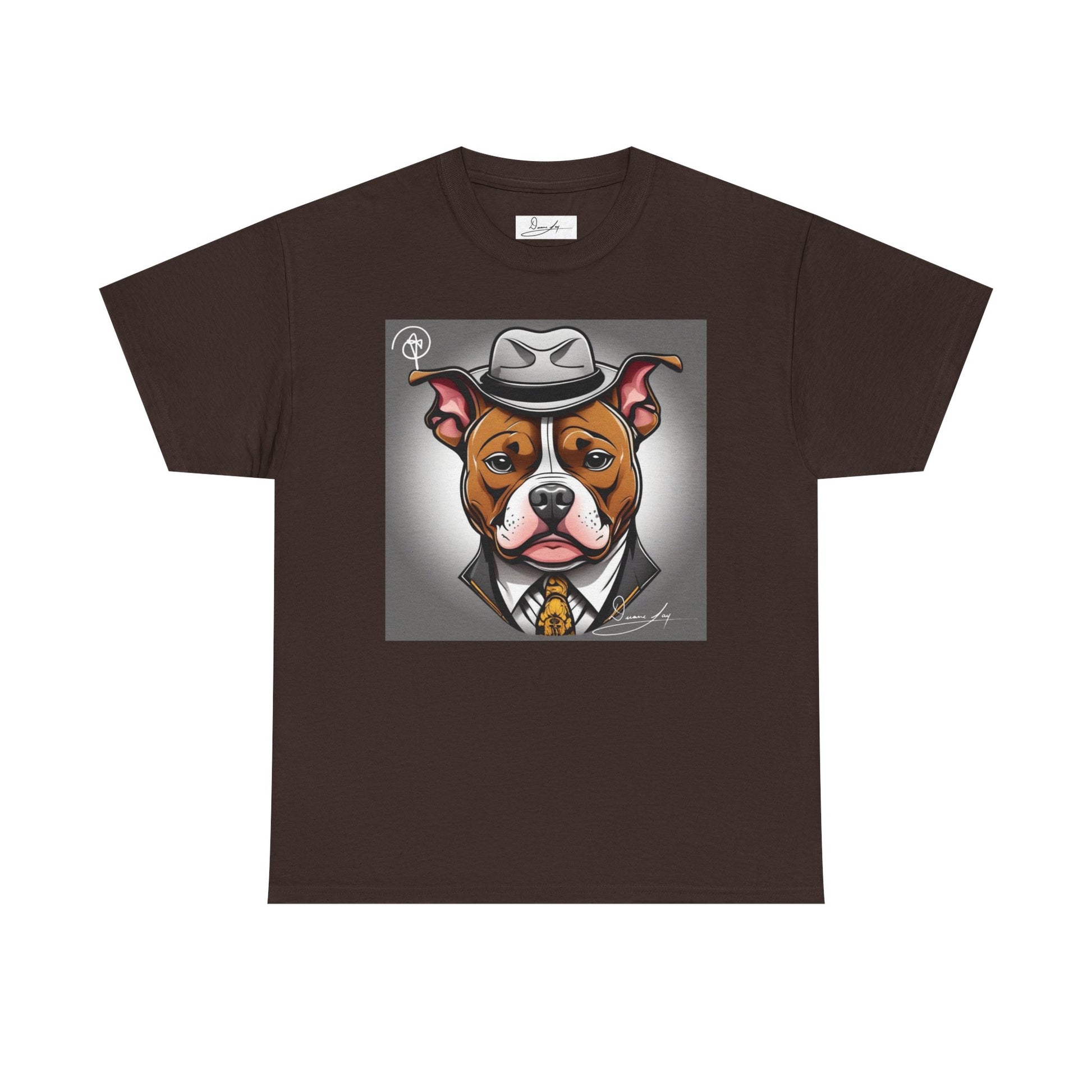 DuaneJay Gentleman Pitbull Tee — distinguished graphic tee featuring a dapper pitbull portrait blending elegance with bold streetwear energy for dog lovers with class and confidence