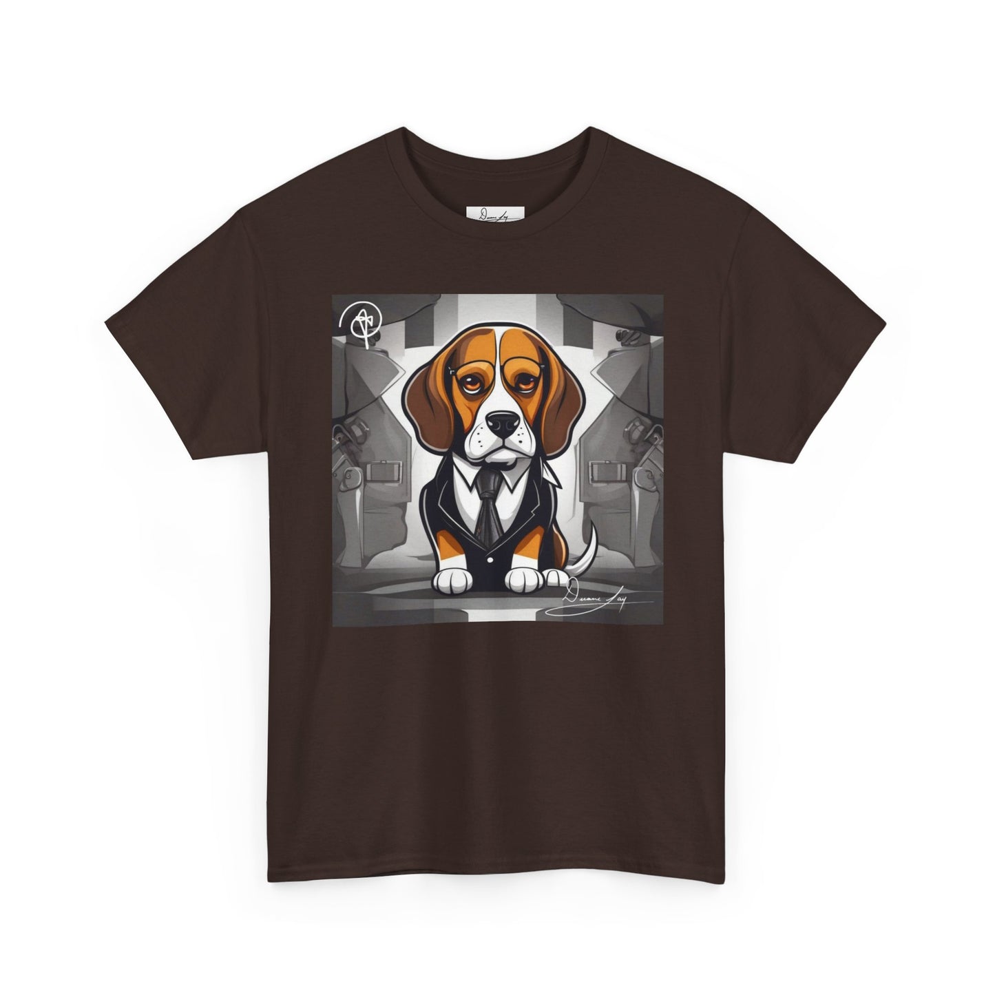 DuaneJay Beagle in a Suit T-Shirt — funny formal dog graphic tee featuring an adorable beagle dressed in a dapper suit, perfect for dog lovers who love bold streetwear style